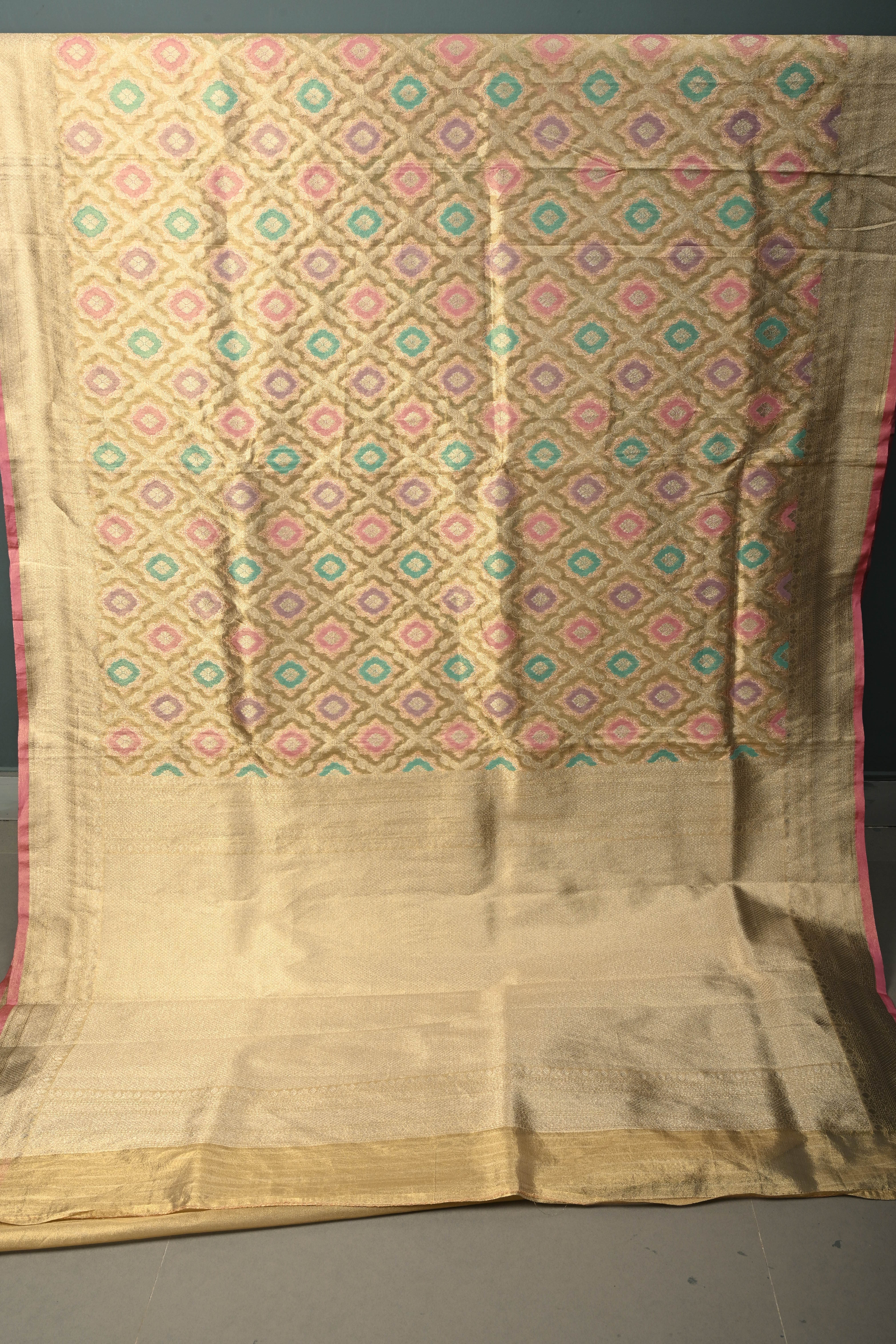 Light Mute Gold Rangkaat Design on Tissue Banarasi Vegan Saree with All Over Jaal Design and Zari Border | Shobitam