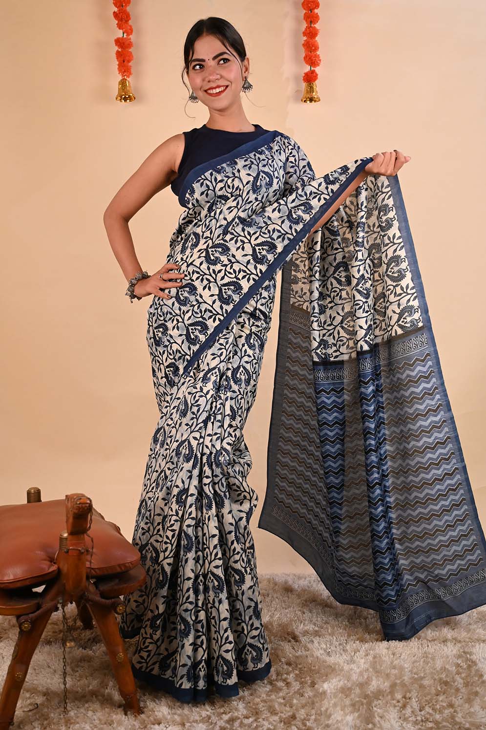 Ready To Wear Indigo Bagh print mul mul cotton Wrap in 1 minute saree - Isadora Life
