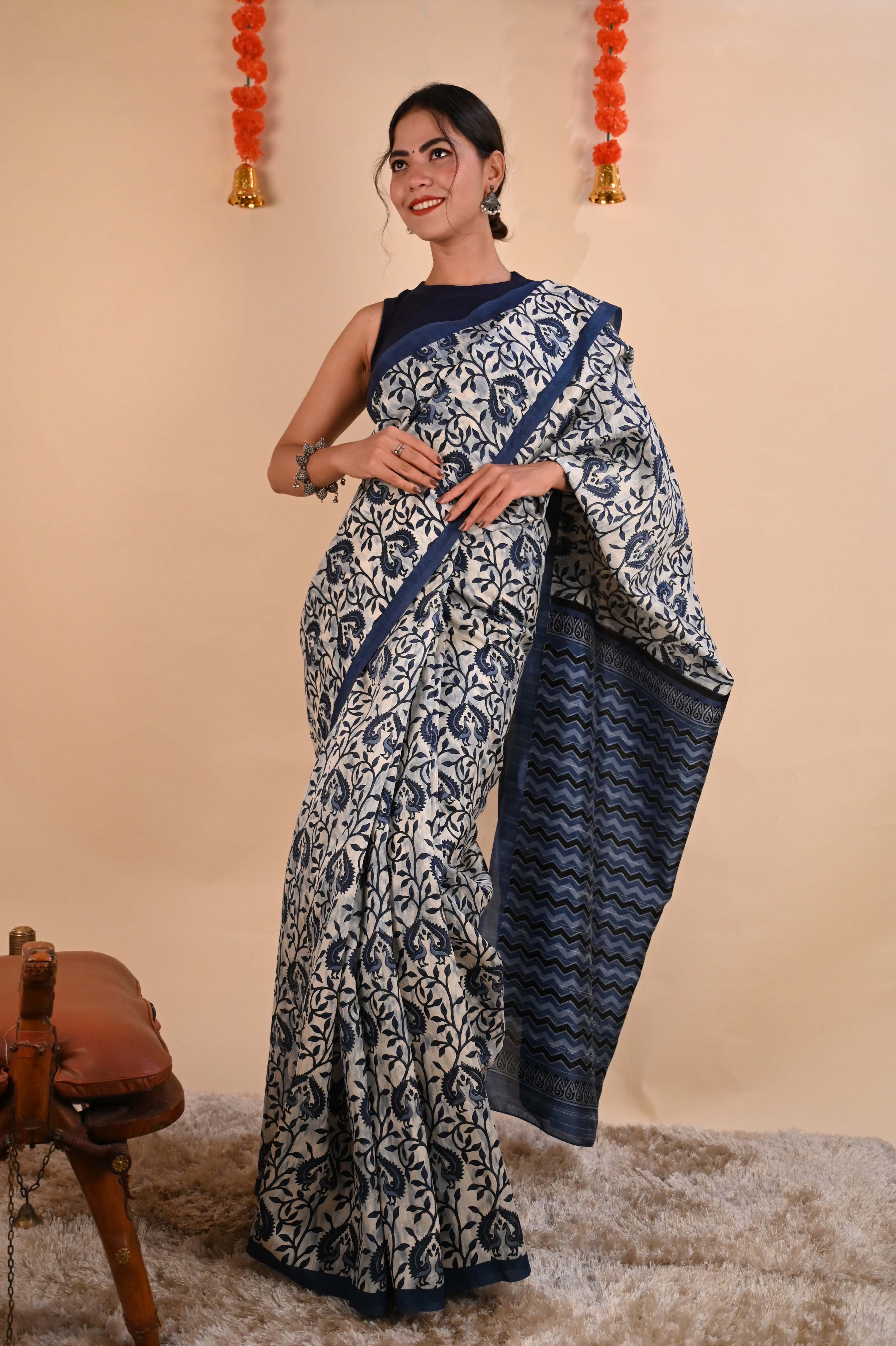 Indigo mul cotton block printed saree – YoshnasByEla