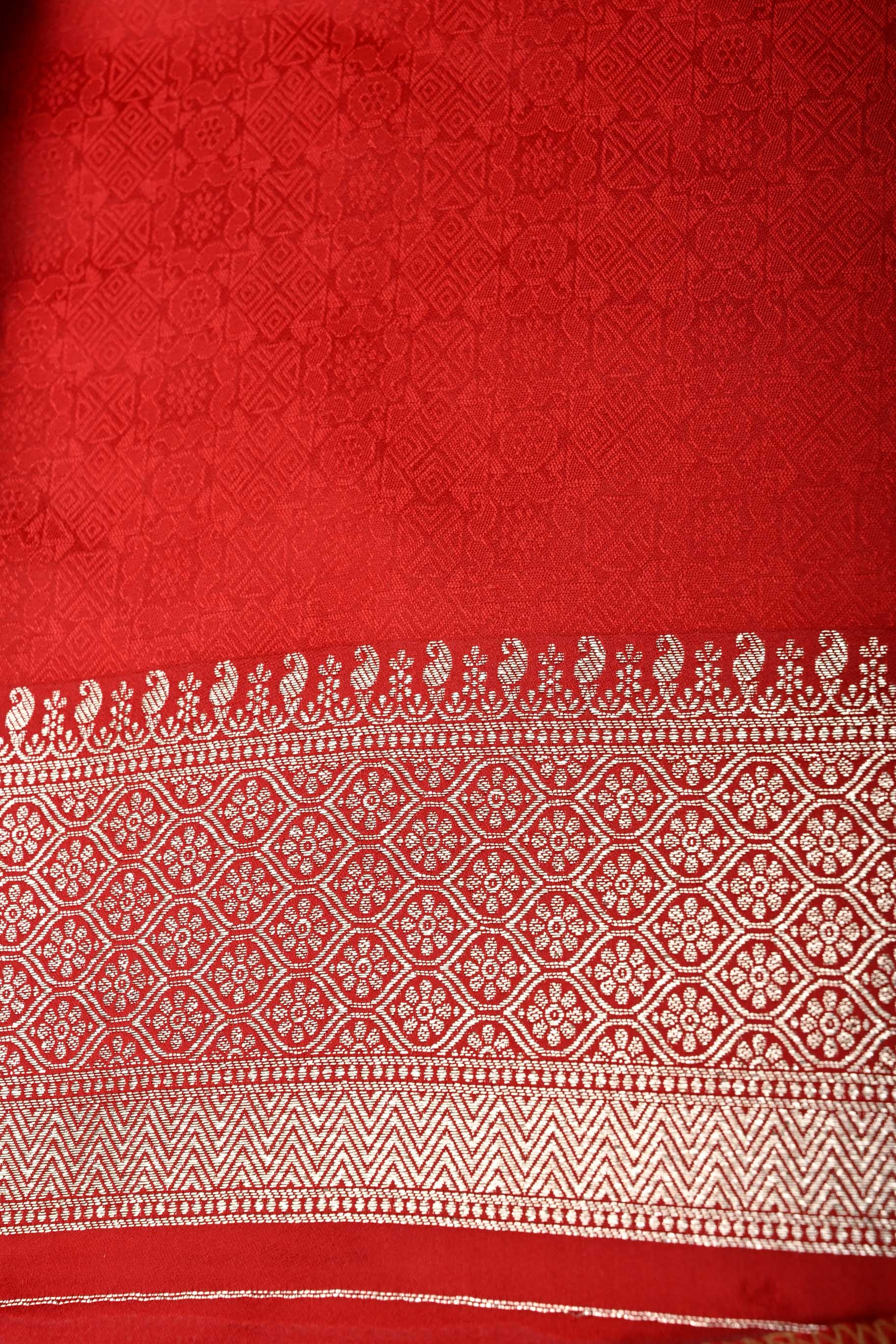 Blood Red Banarasi Semi Silk Saree with Shikaargah Floral Jaal Zari Brocade and Zari Border | Shobitam