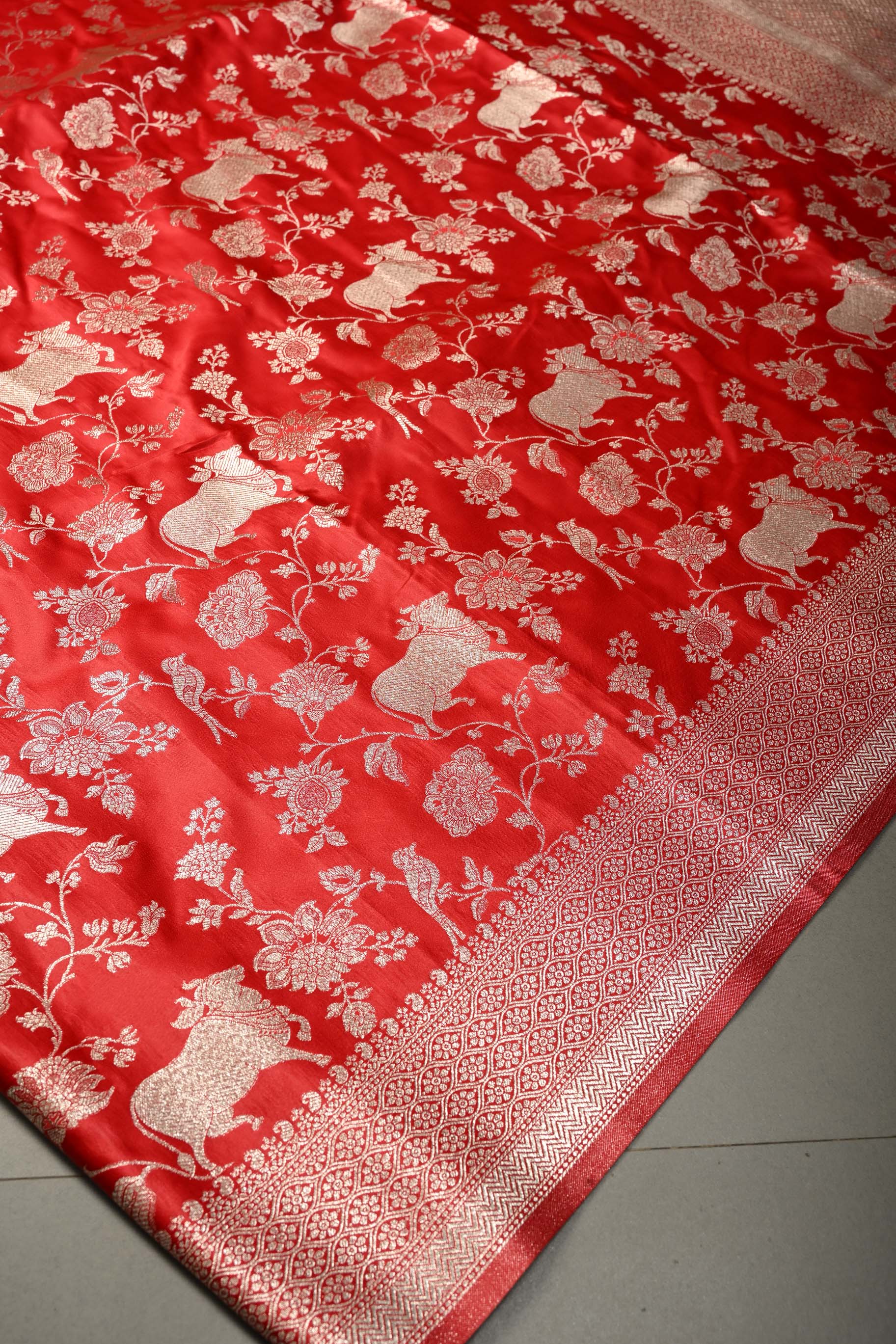 Blood Red Banarasi Semi Silk Saree with Shikaargah Floral Jaal Zari Brocade and Zari Border | Shobitam