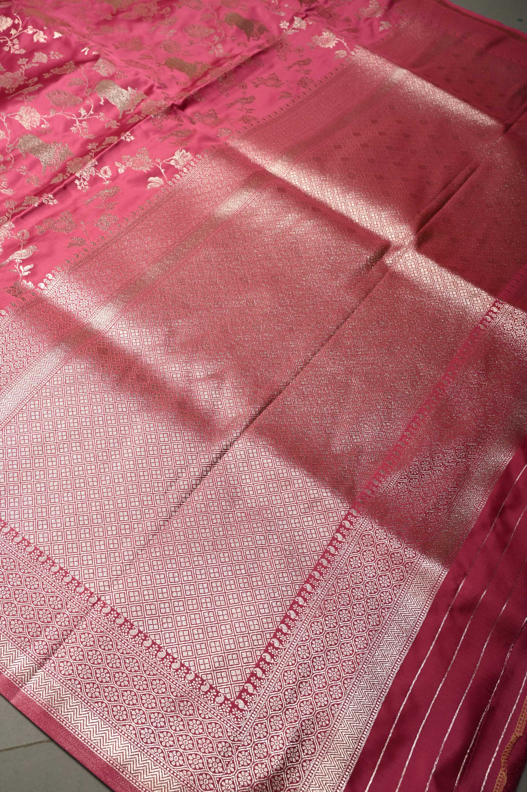 Dusty Rose Banarasi Semi Silk Saree with Shikaargah Floral Jaal Zari Brocade and Zari Border | Shobitam