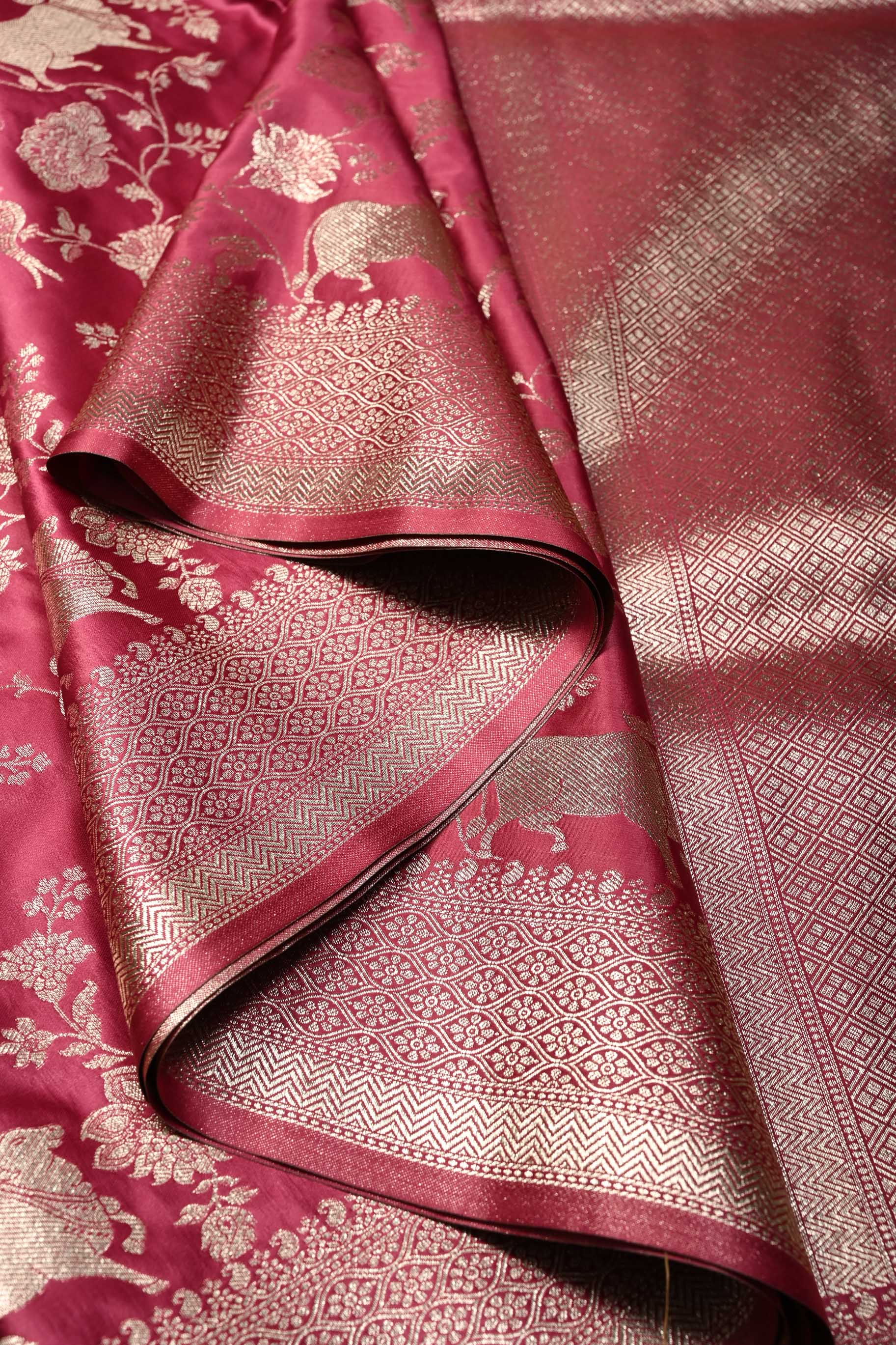 Dusty Rose Banarasi Semi Silk Saree with Shikaargah Floral Jaal Zari Brocade and Zari Border | Shobitam