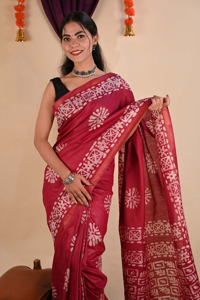 Ready To Wear cotton With Batik Printed And Tassels on pallu Wrap in 1 minute saree - Isadora Life