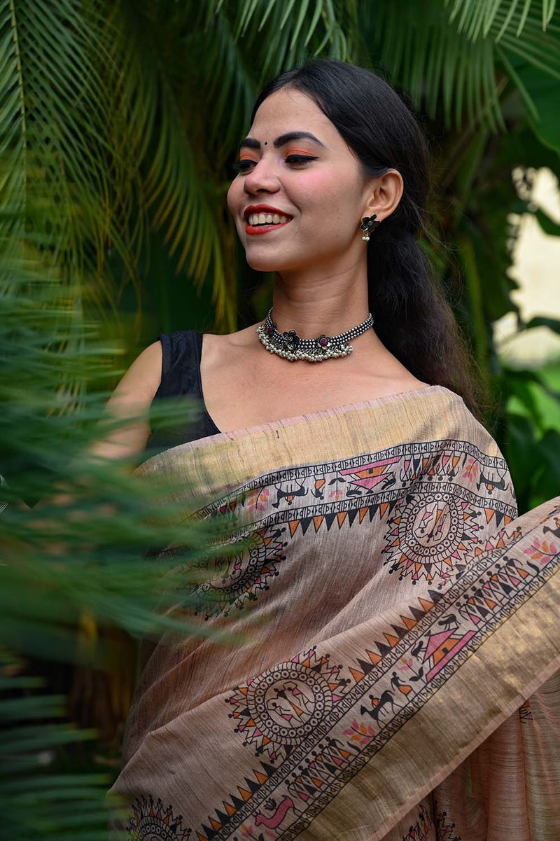 Ready To Wear Beautiful Beige overall Tribal Art Printed With Tassels On Pallu   Wrap in 1 minute saree - Isadora Life