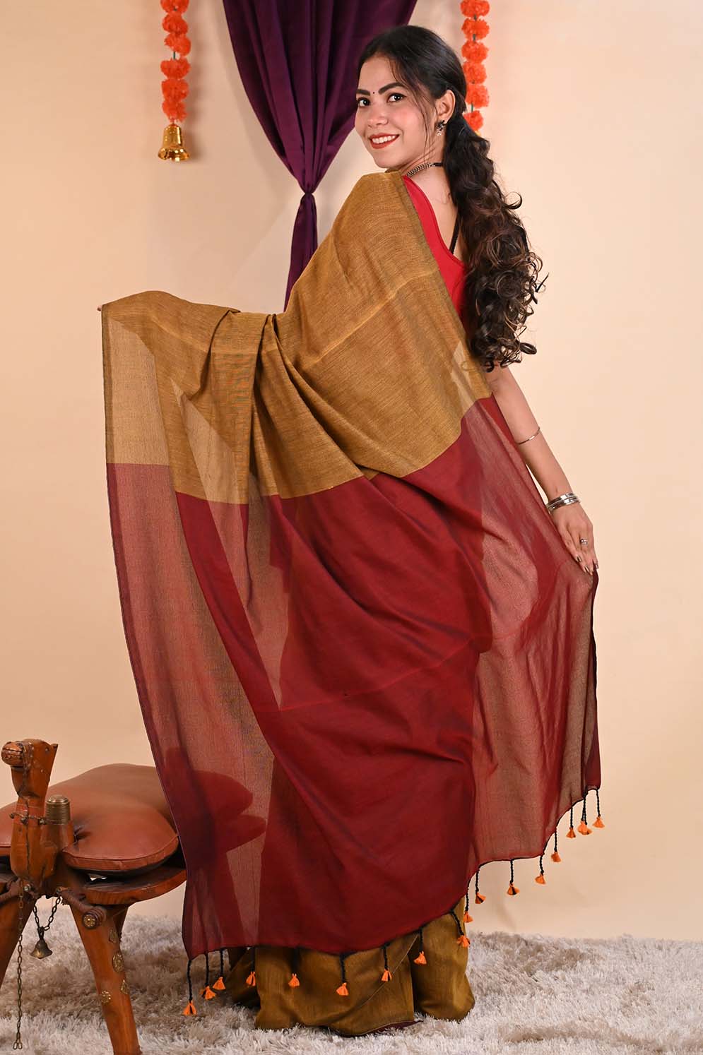 Ready to wear Beautiful Musturd Yellow Khadi Cotton Handloom With Maroon palla & Tassels on Pallu  Wrap in 1 minute Saree - Isadora Life