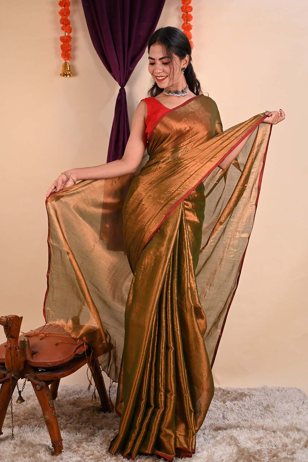 Ready To Wear Premium Organza Tissue With Tassels Dhoop Chaanv Copper Gold On Pallu  Wrap in 1 minute saree - Isadora Life