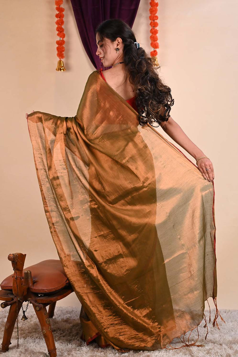Ready To Wear Premium Organza Tissue With Tassels Dhoop Chaanv Copper Gold On Pallu  Wrap in 1 minute saree - Isadora Life