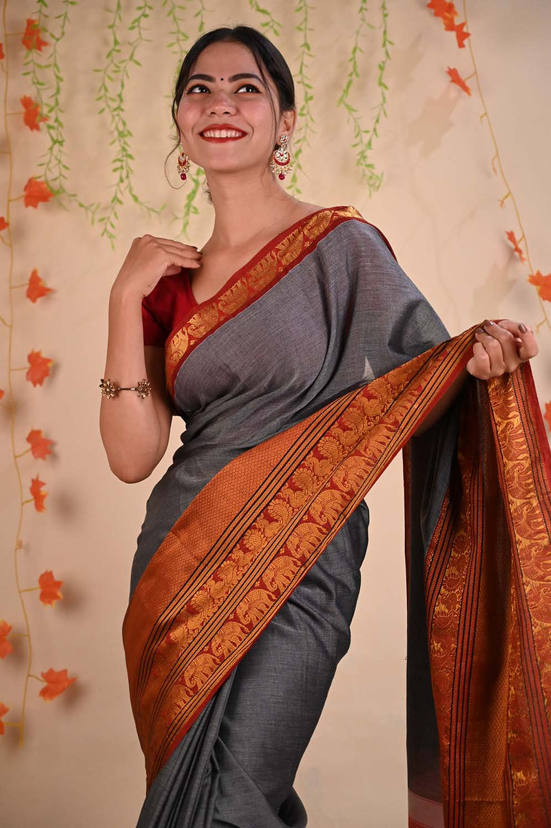 Ready to wear Ethnic South Cotton Silk With Zari Woven  Wrap in 1 minute Saree - Isadora Life