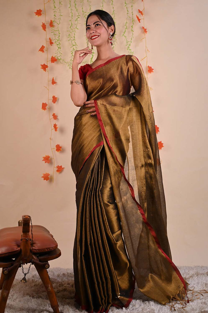 Ready To Wear Premium Organza Tissue With Tassels Dhoop Chaanv  On Pallu  Wrap in 1 minute saree - Isadora Life