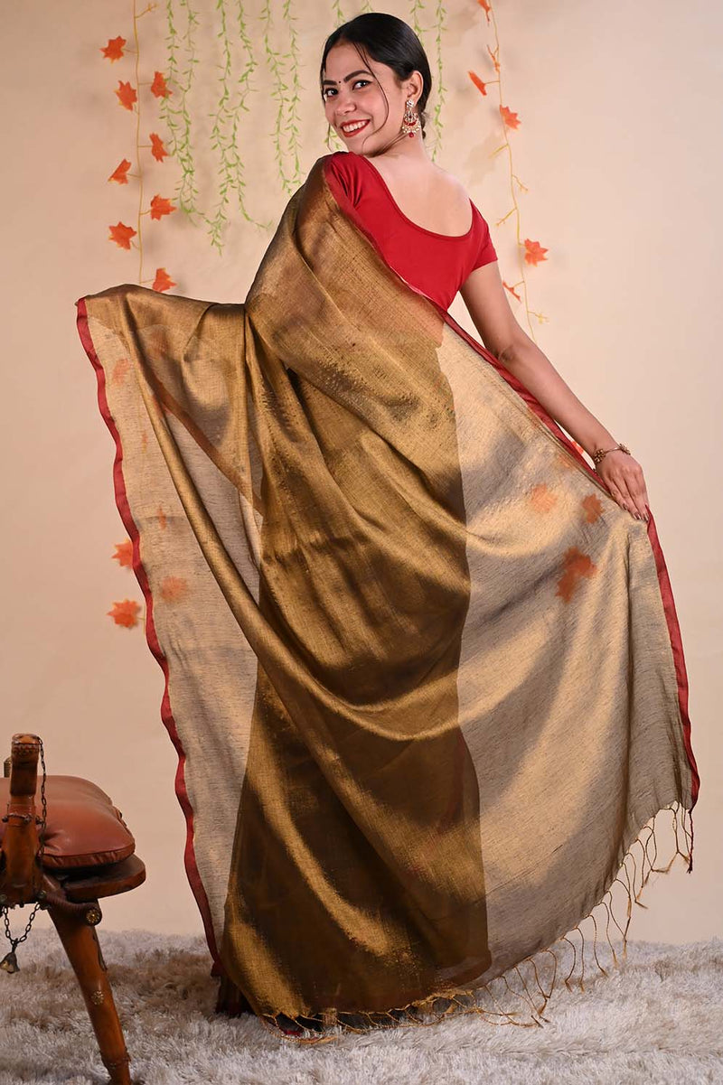 Ready To Wear Premium Organza Tissue With Tassels Dhoop Chaanv  On Pallu  Wrap in 1 minute saree - Isadora Life
