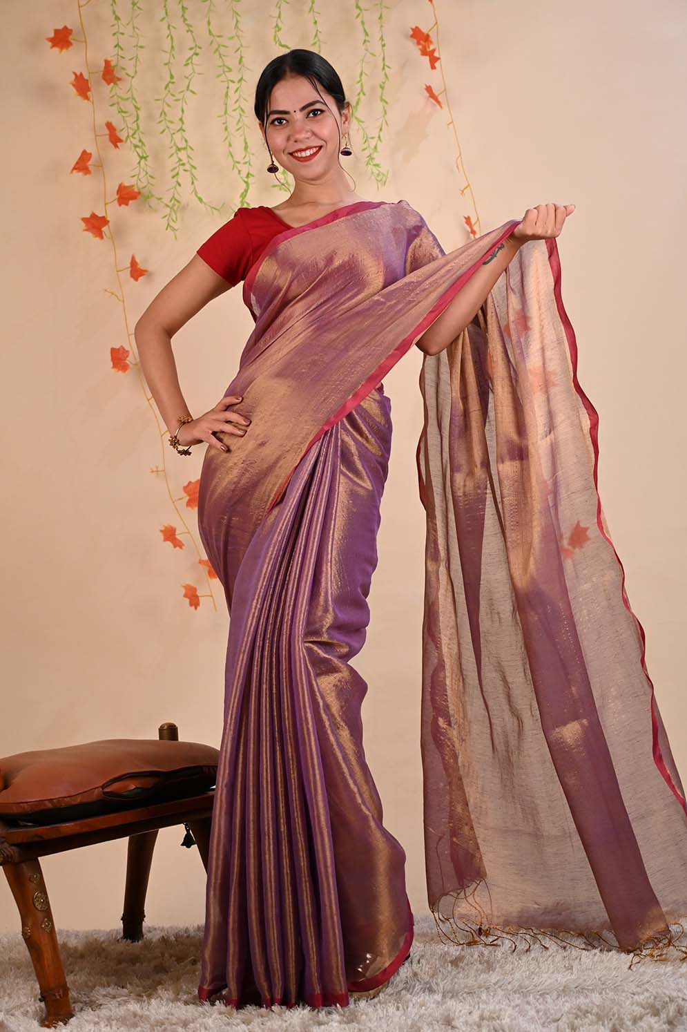 Ready To Wear Premium Organza Tissue With Tassels Dhoop Chaanv Wine On Pallu  Wrap in 1 minute saree - Isadora Life