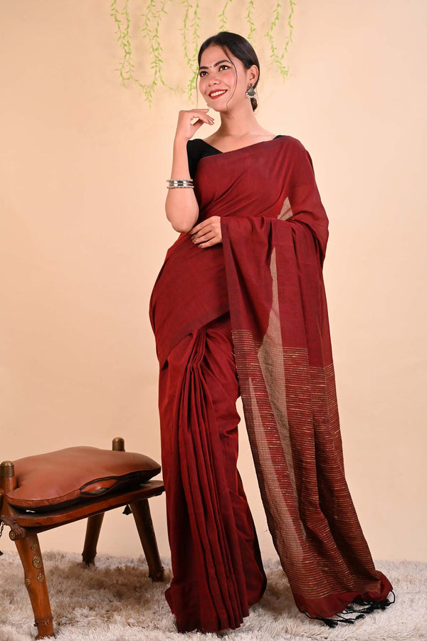 Ready to wear Beautiful Maroon Khadi With Stripes on Pallu  Wrap in 1 minute Saree - Isadora Life