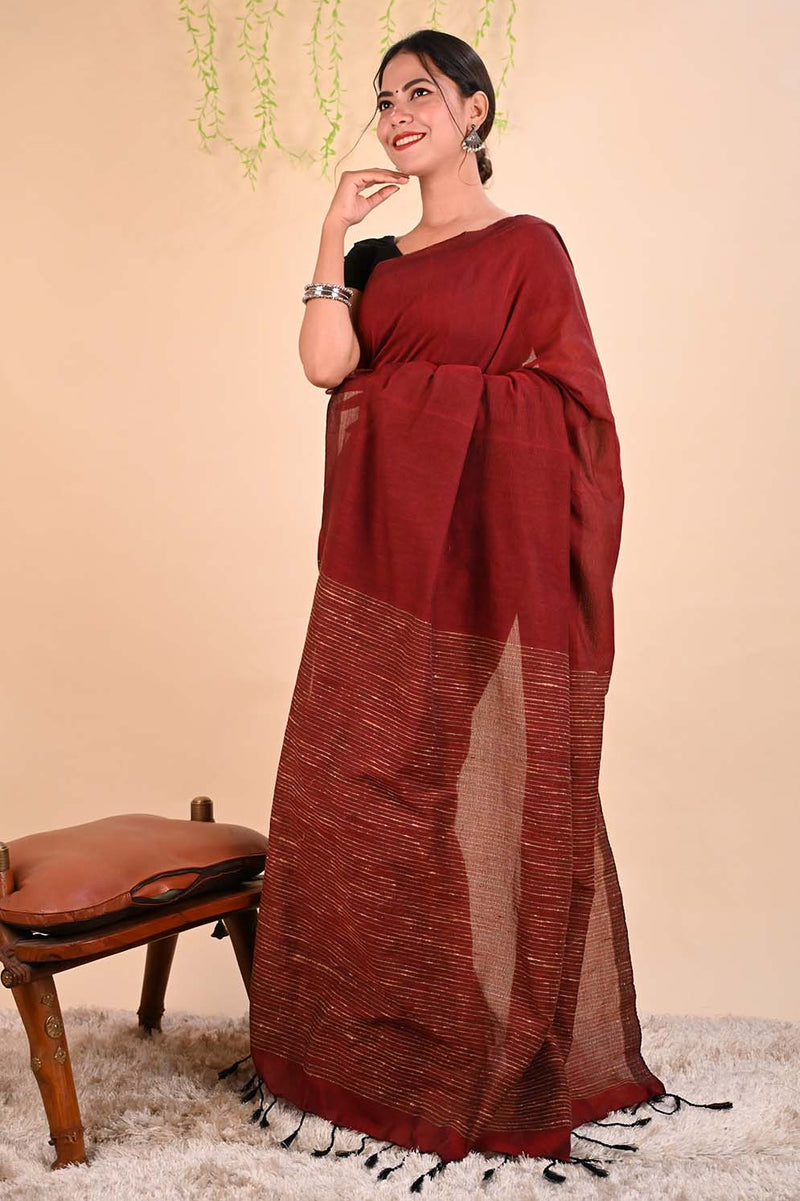 Ready to wear Beautiful Maroon Khadi With Stripes on Pallu  Wrap in 1 minute Saree - Isadora Life