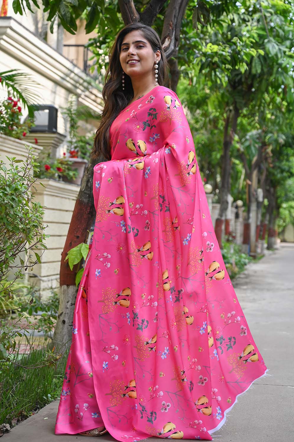 Ready To Wear Floss Japan Satin pink Floral Printed  Wrap in 1 minute saree - Isadora Life