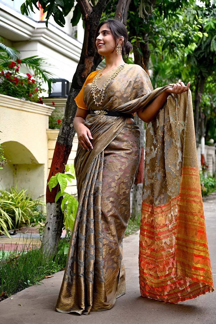 Ready to Wear khadi banarasi with zari weaving all over Wrap in one minute saree - Isadora Life