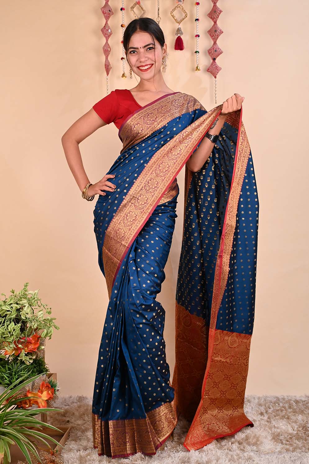 Kanchipuram beautiful woven zari with butis all over Wrap in 1 minute saree - Isadora Life
