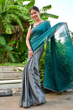 Ready To Wear Wedding Collection Green & Grey  Stone sequins Work All Over Wrap in 1 minute saree - Isadora Life