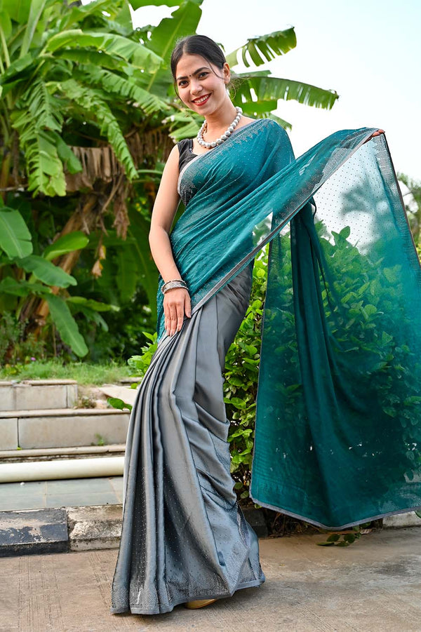 Ready To Wear Wedding Collection Green & Grey  Stone sequins Work All Over Wrap in 1 minute saree - Isadora Life
