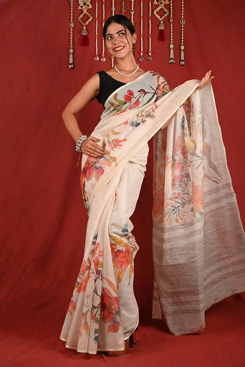 Ready To Wear Cotton Linen With Gorgeous Floral Digital Printed  Wrap in 1 minute saree - Isadora Life