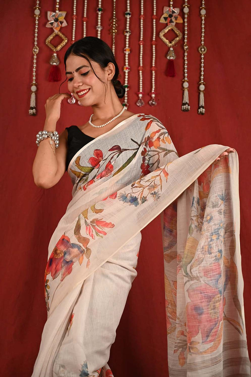 Ready To Wear Cotton Linen With Gorgeous Floral Digital Printed  Wrap in 1 minute saree - Isadora Life