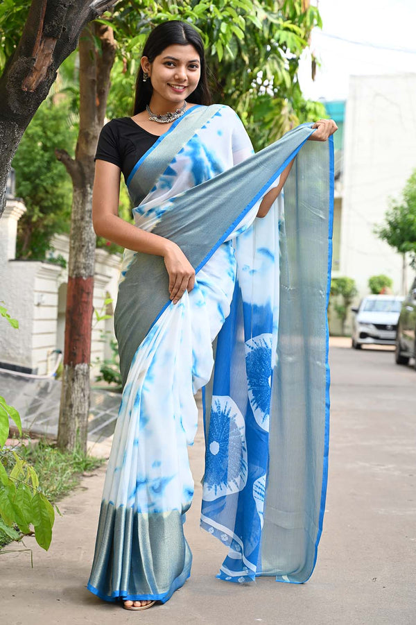 Ready to wear Moss Chiffon Blue Marble Tie & Die With Broad Woven Zari Border Wrap in 1 minute saree - Isadora Life