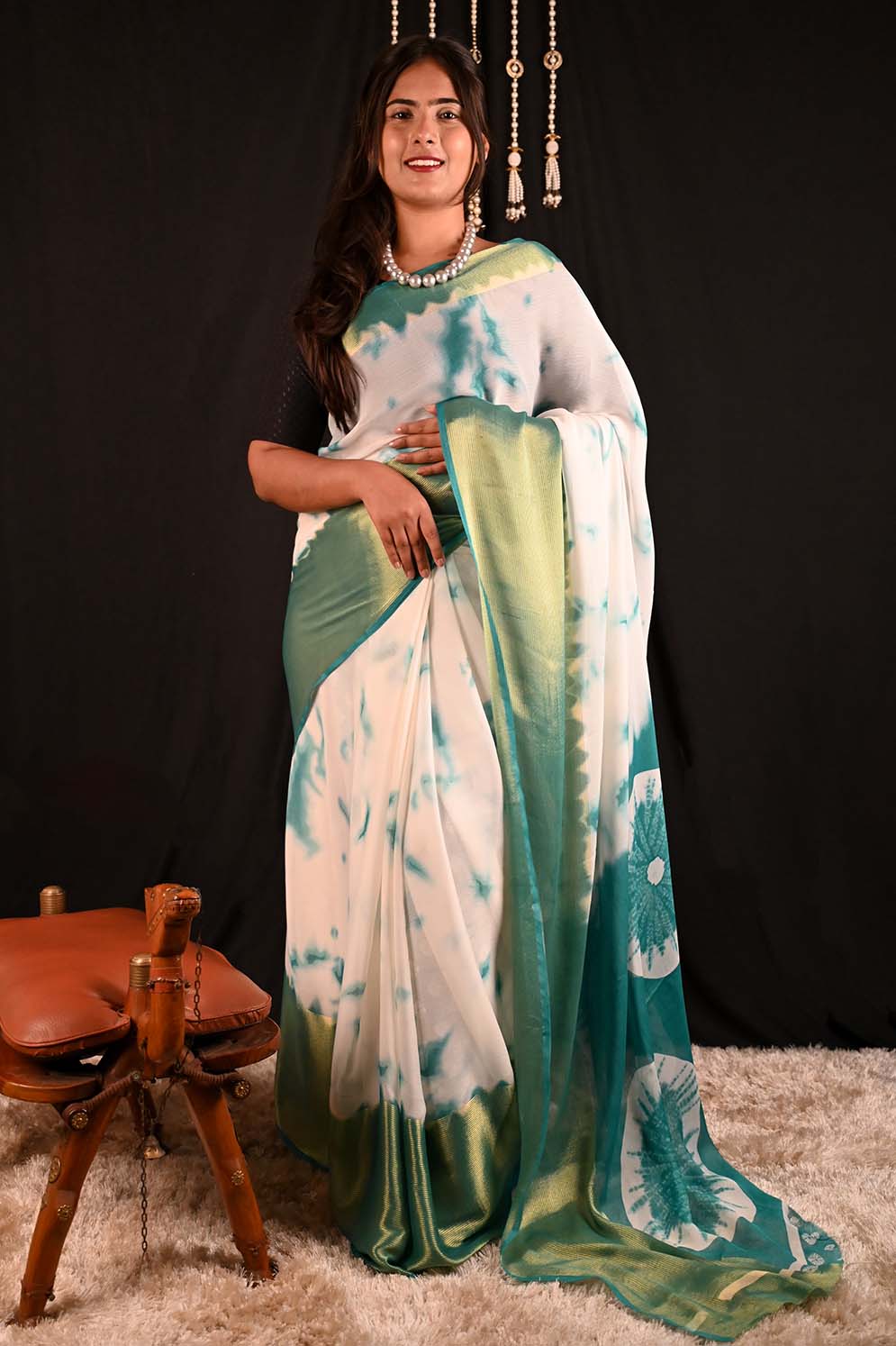 Ready to wear Moss Chiffon Green Marble Tie & Die With Woven Zari Border Wrap in 1 minute saree - Isadora Life