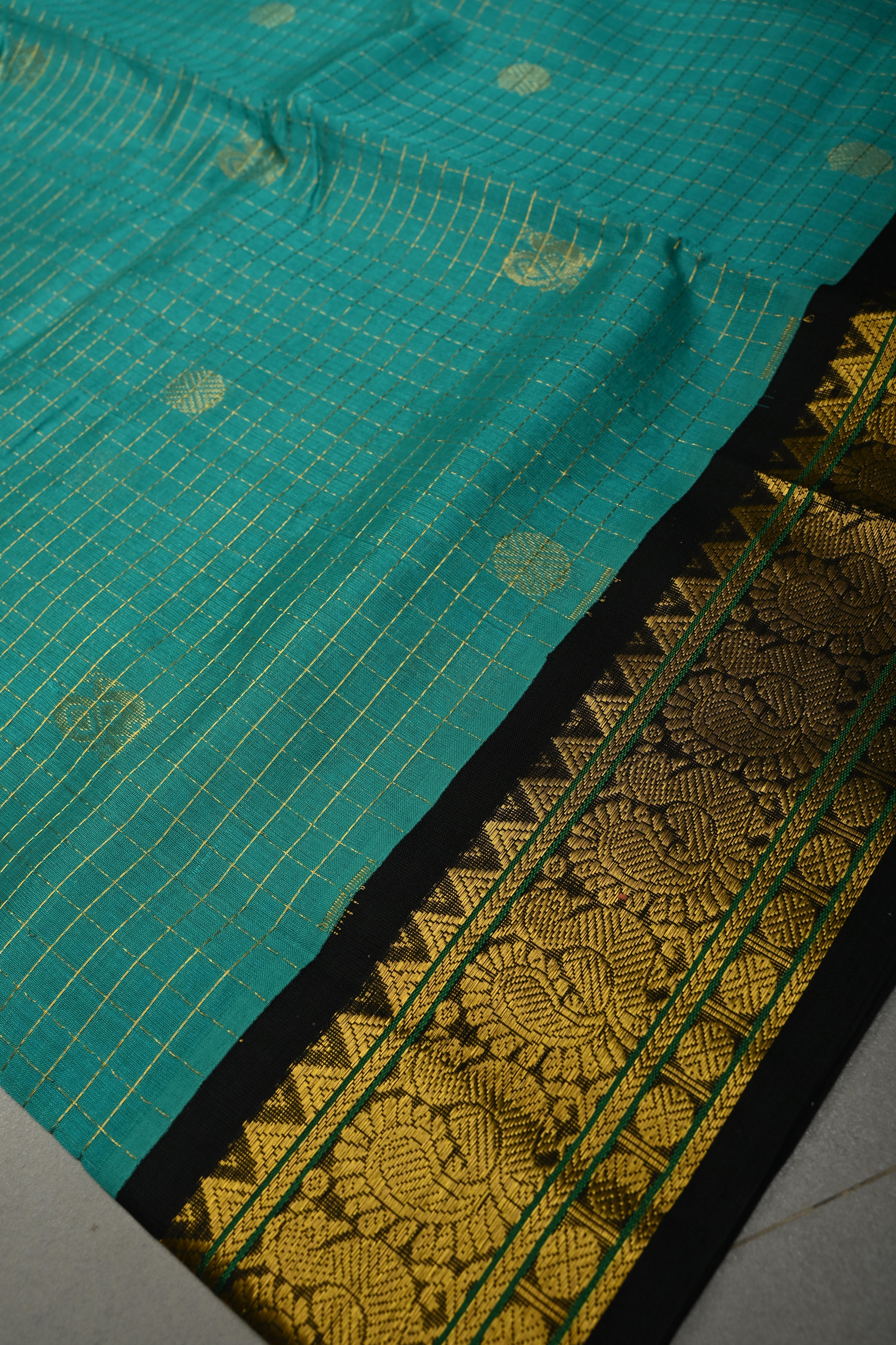Ananda Blue Zari Checks on Kanchi Silk Cotton Saree with Peacock Buttas and Contrast Zari Border | Shobitam