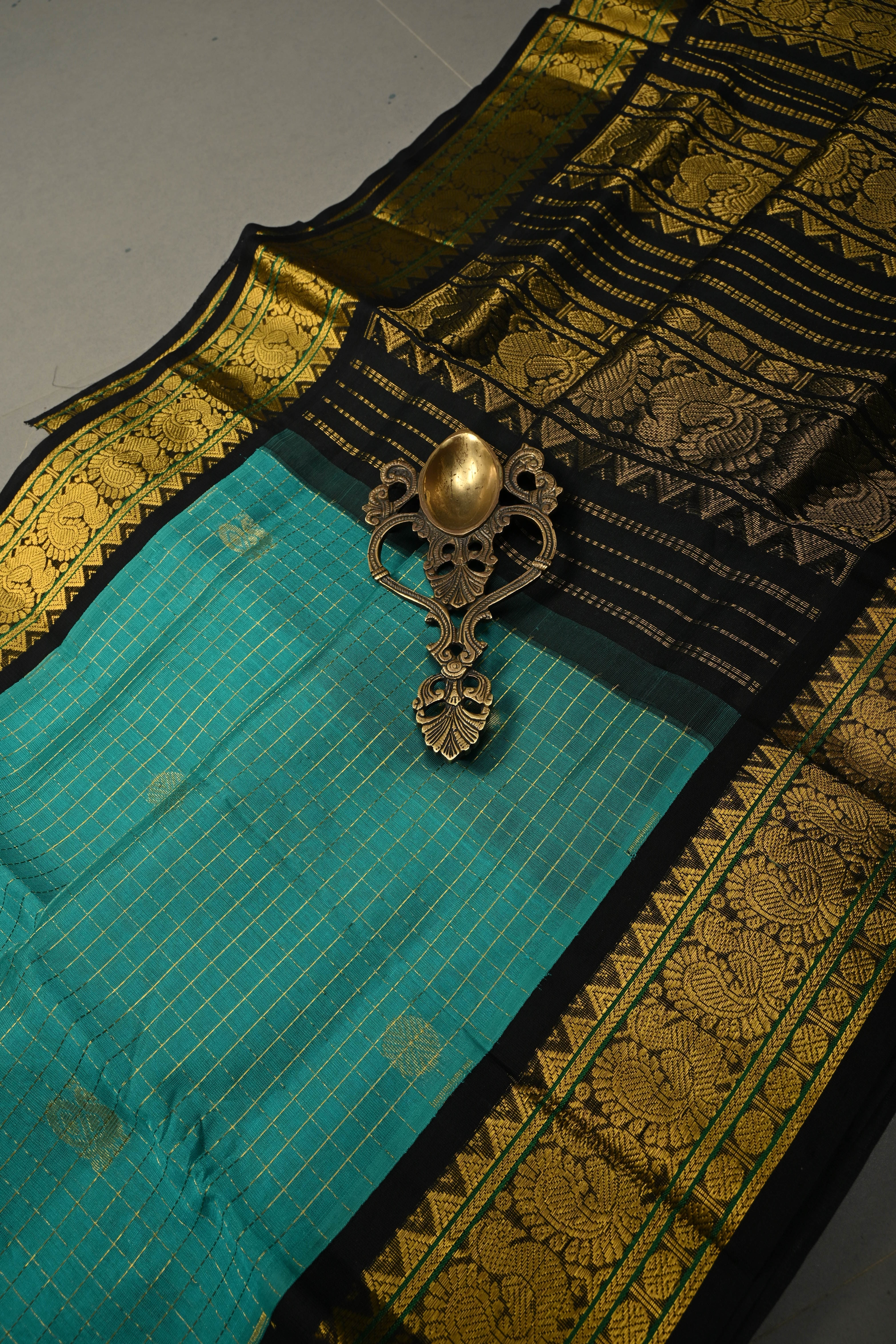 Ananda Blue Zari Checks on Kanchi Silk Cotton Saree with Peacock Buttas and Contrast Zari Border | Shobitam