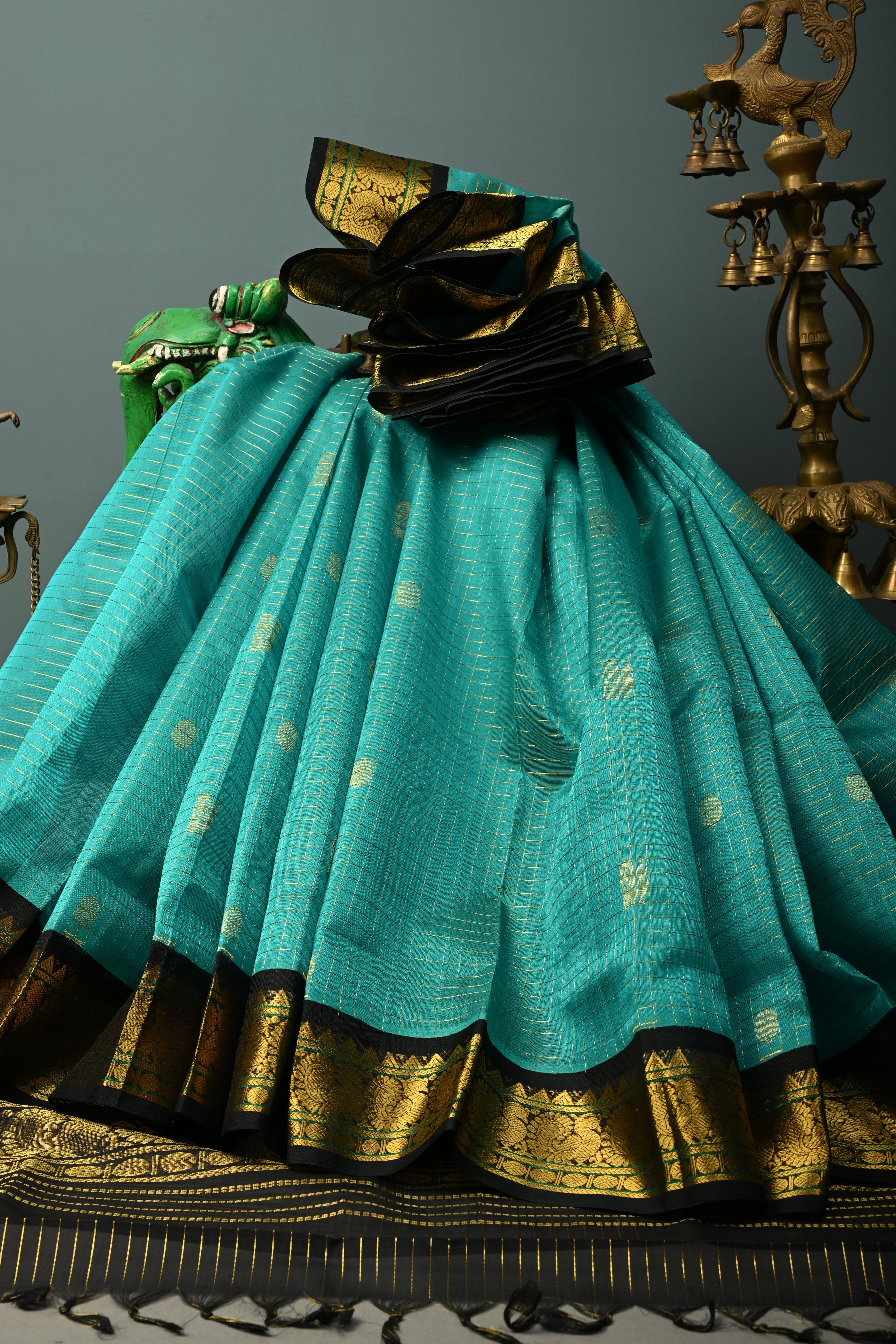 Ananda Blue Zari Checks on Kanchi Silk Cotton Saree with Peacock Buttas and Contrast Zari Border | Shobitam