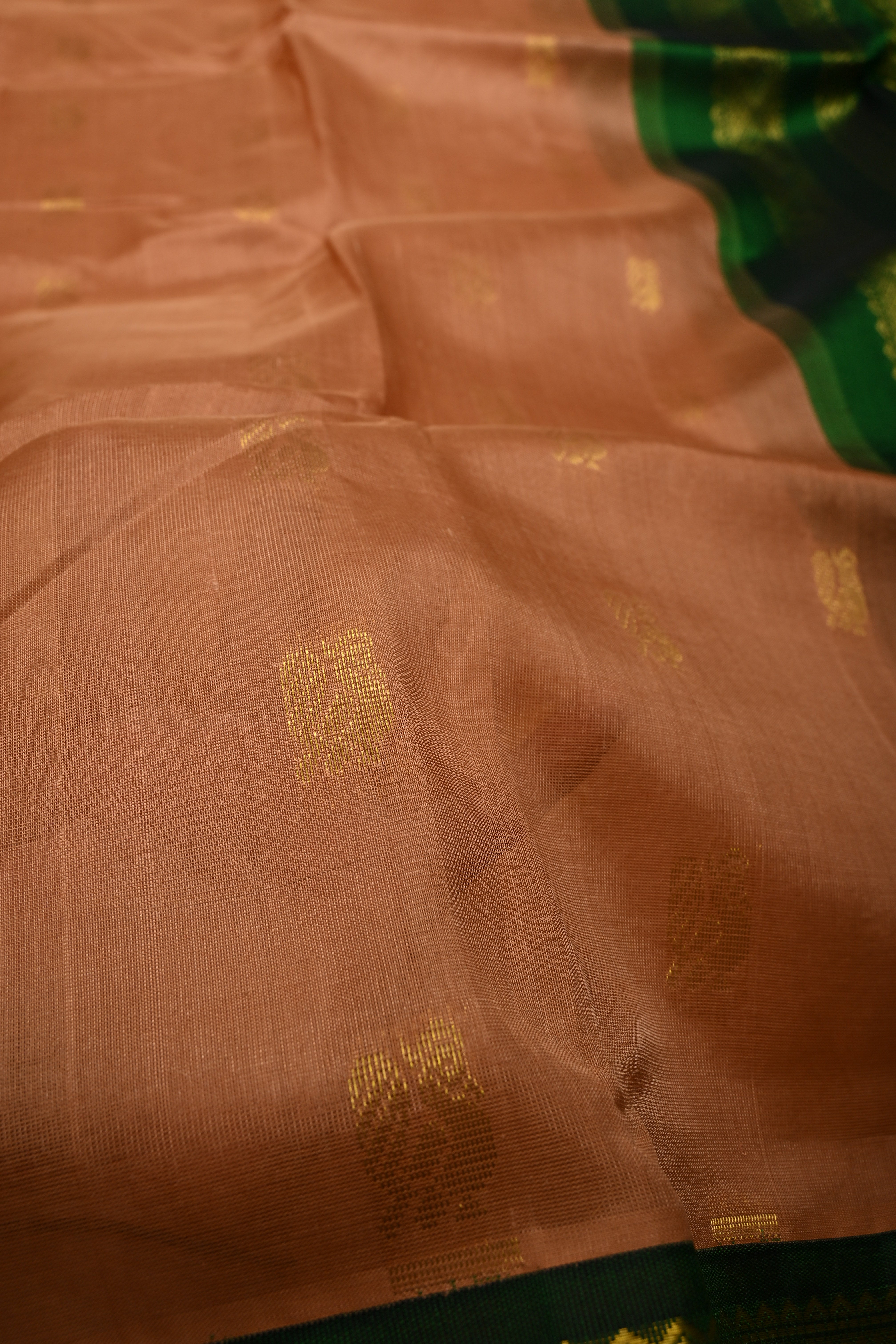Peach Pink on Kanchi Silk Cotton Saree with Peacock Buttas and Contrast Zari Border | Shobitam
