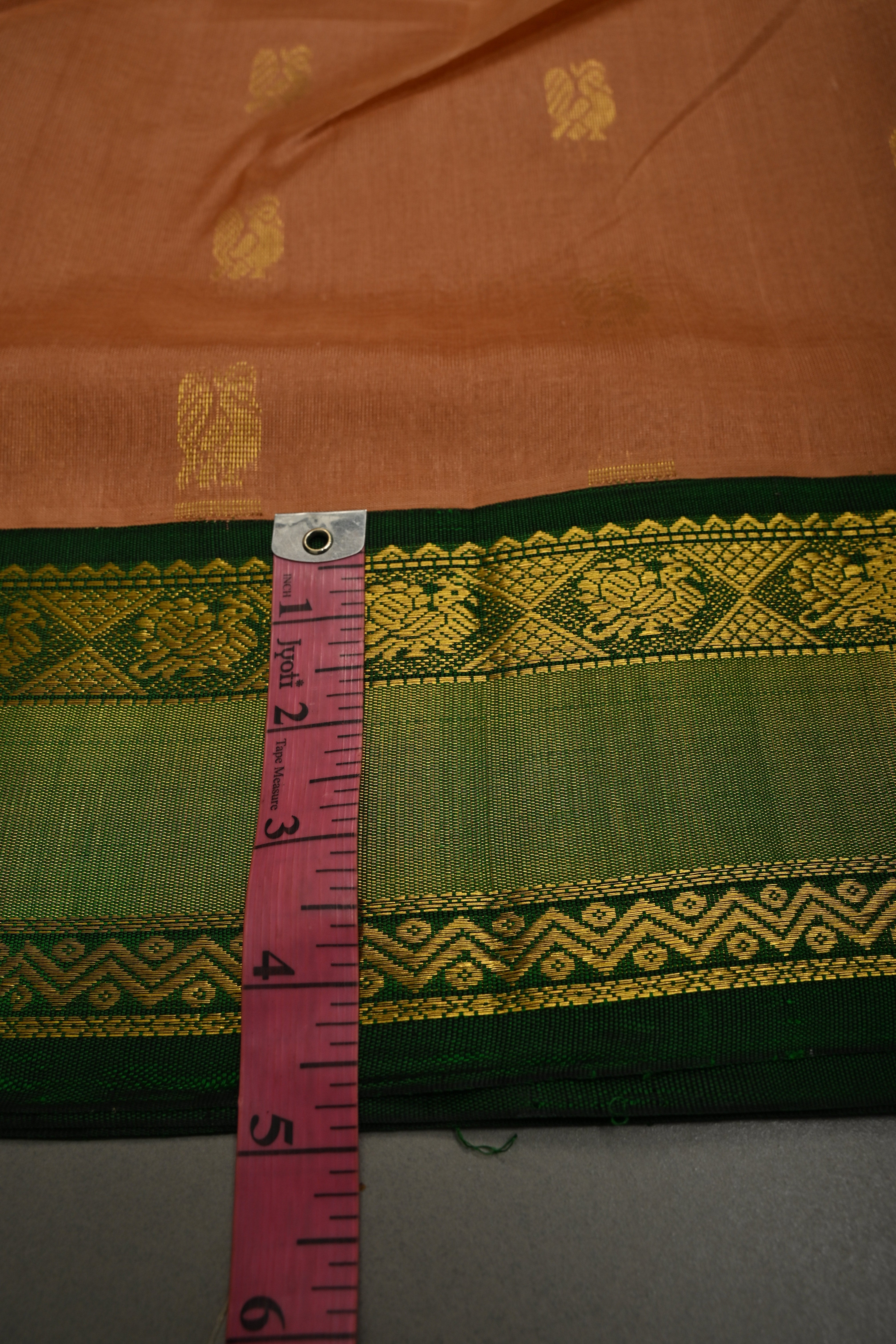 Peach Pink on Kanchi Silk Cotton Saree with Peacock Buttas and Contrast Zari Border | Shobitam