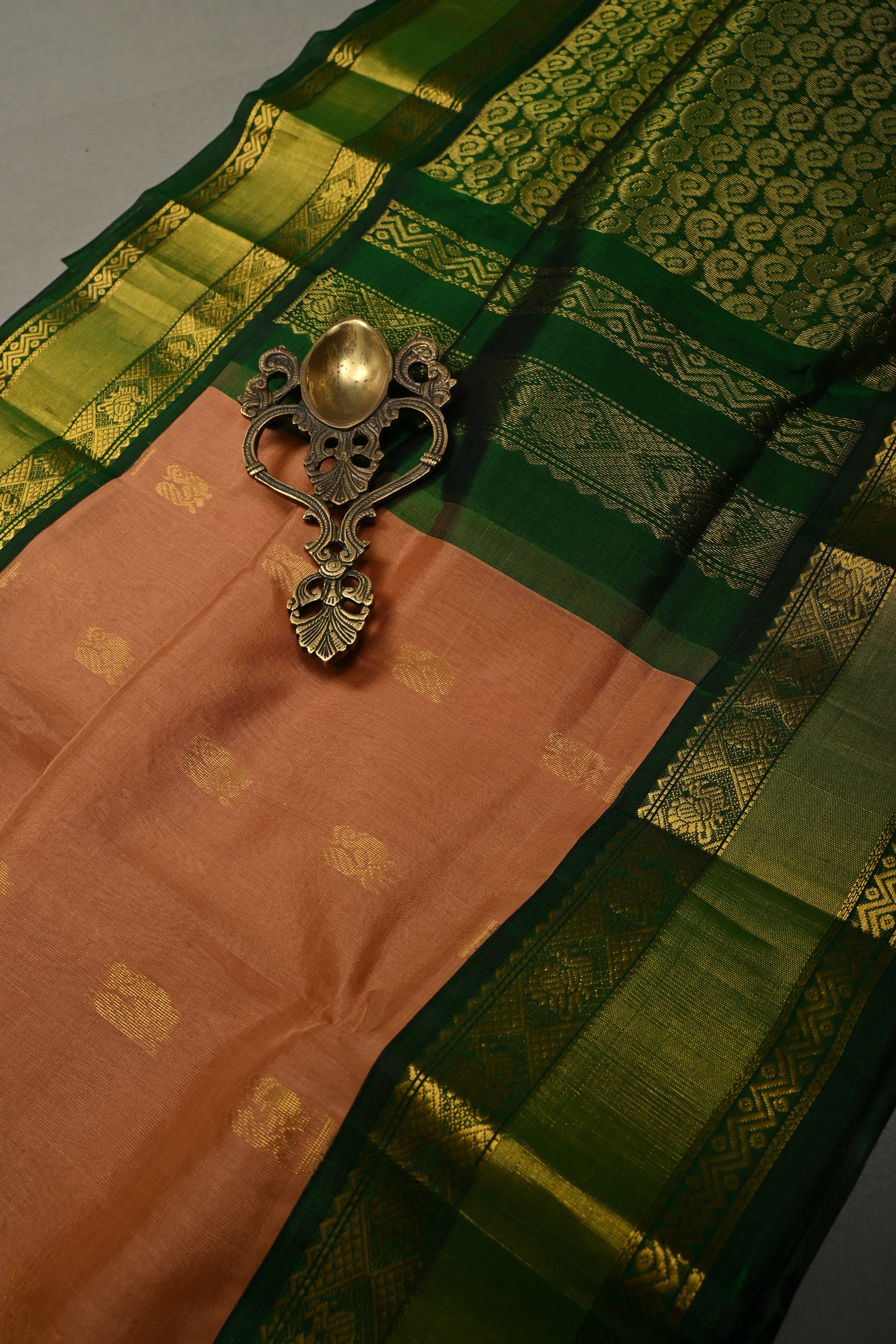 Peach Pink on Kanchi Silk Cotton Saree with Peacock Buttas and Contrast Zari Border | Shobitam