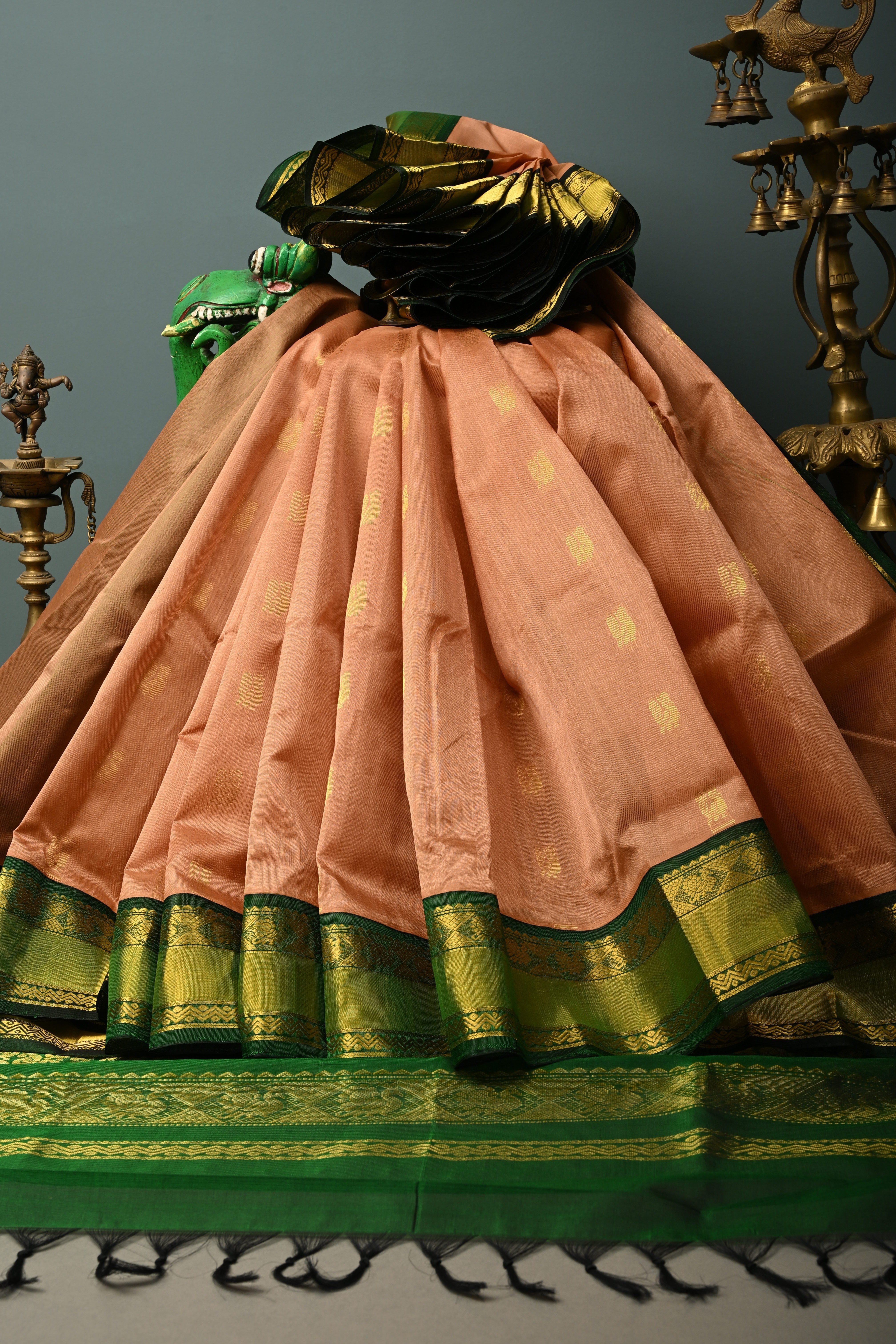 Peach Pink on Kanchi Silk Cotton Saree with Peacock Buttas and Contrast Zari Border | Shobitam