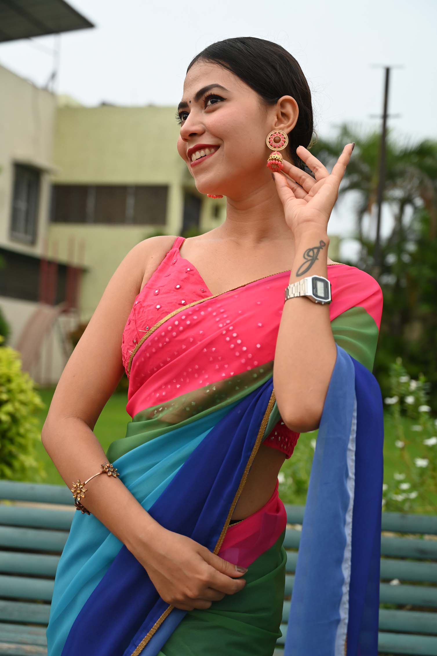 Ready To Wear Alia Bhatt Inspired Rocky Rani Multi Coloured Saree With Lace Wrap in 1 minute saree - Isadora Life