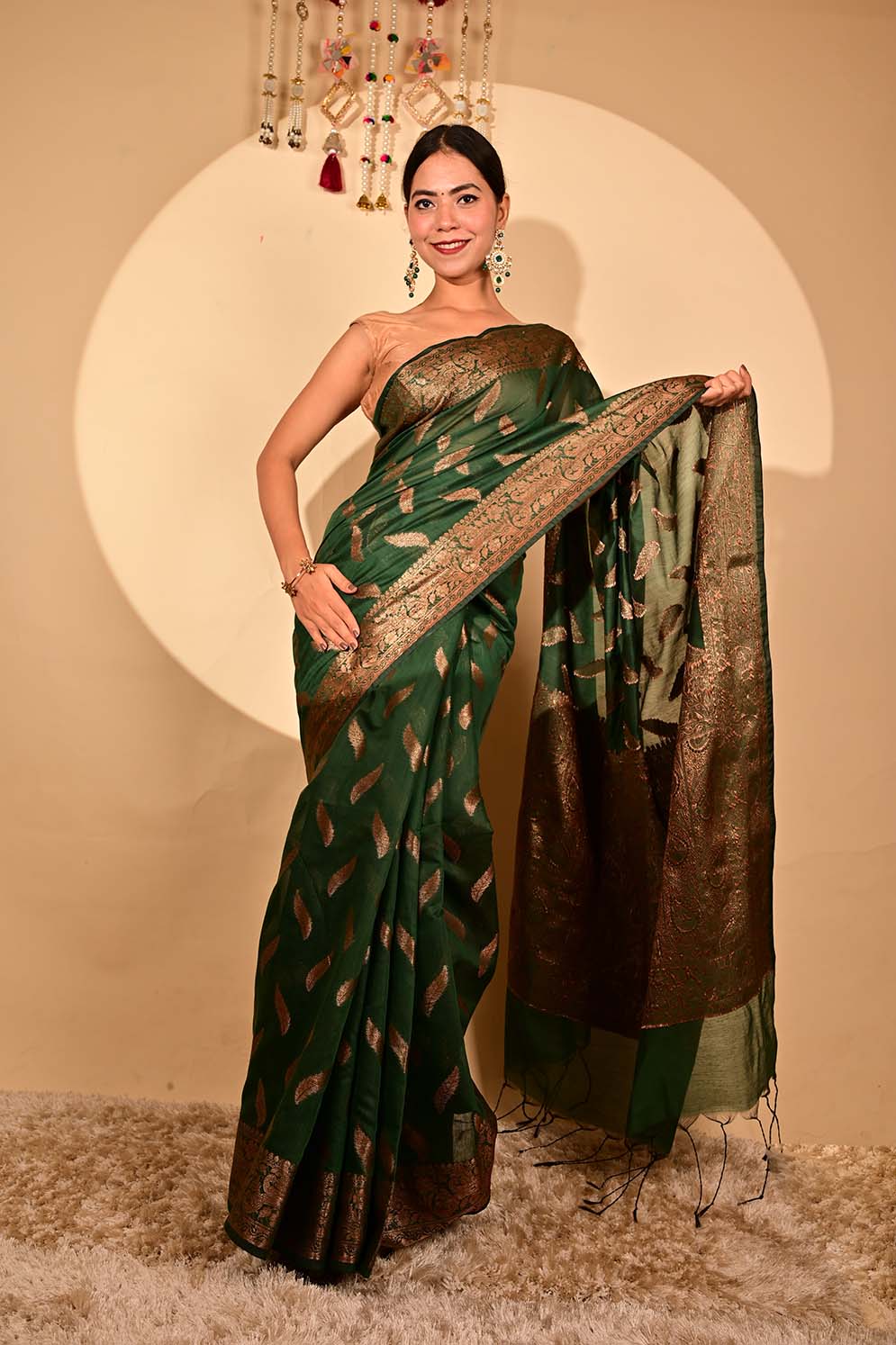 Ready To Wear Bhagalpuri Silk With woven zari and ornate pallu with Tassels one minute saree - Isadora Life