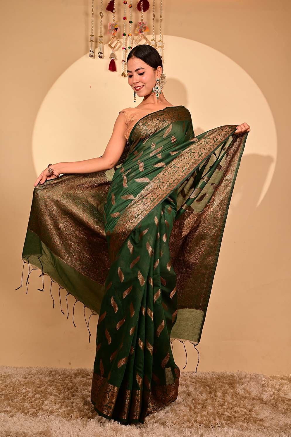 Ready To Wear Bhagalpuri Silk With woven zari and ornate pallu with Tassels one minute saree - Isadora Life