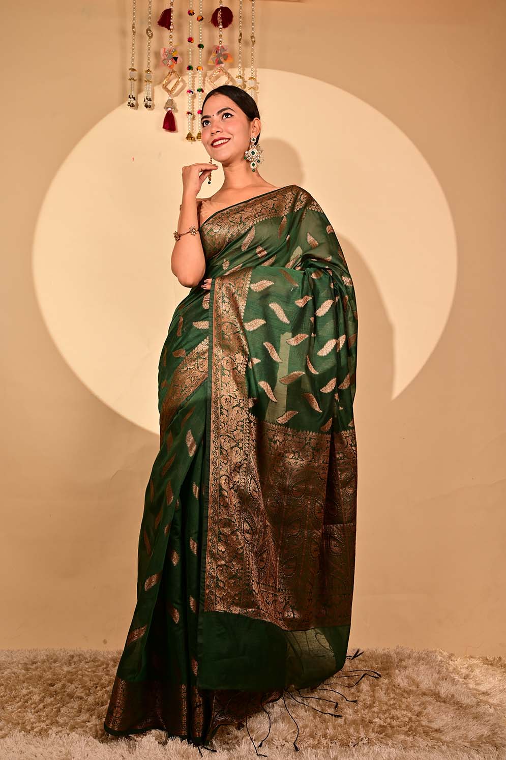 Ready To Wear Bhagalpuri Silk With woven zari and ornate pallu with Tassels one minute saree - Isadora Life