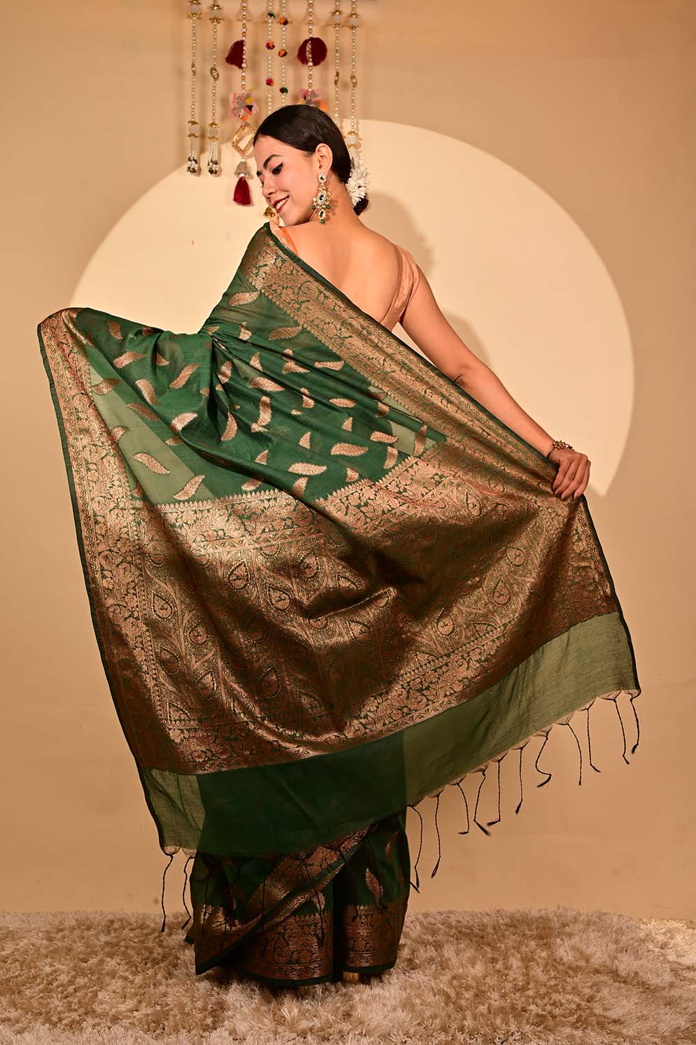 Ready To Wear Bhagalpuri Silk With woven zari and ornate pallu with Tassels one minute saree - Isadora Life