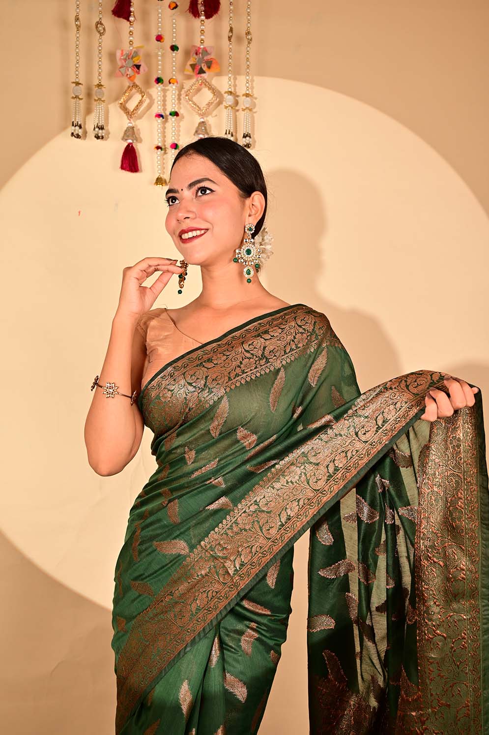 Ready To Wear Bhagalpuri Silk With woven zari and ornate pallu with Tassels one minute saree - Isadora Life