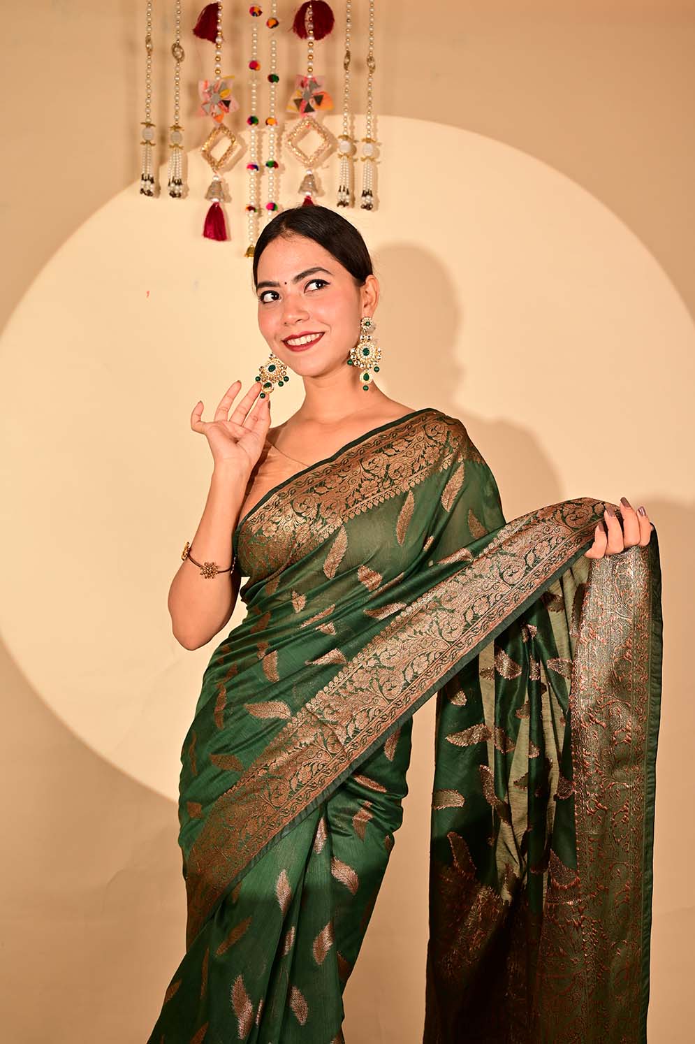 Ready To Wear Bhagalpuri Silk With woven zari and ornate pallu with Tassels one minute saree - Isadora Life