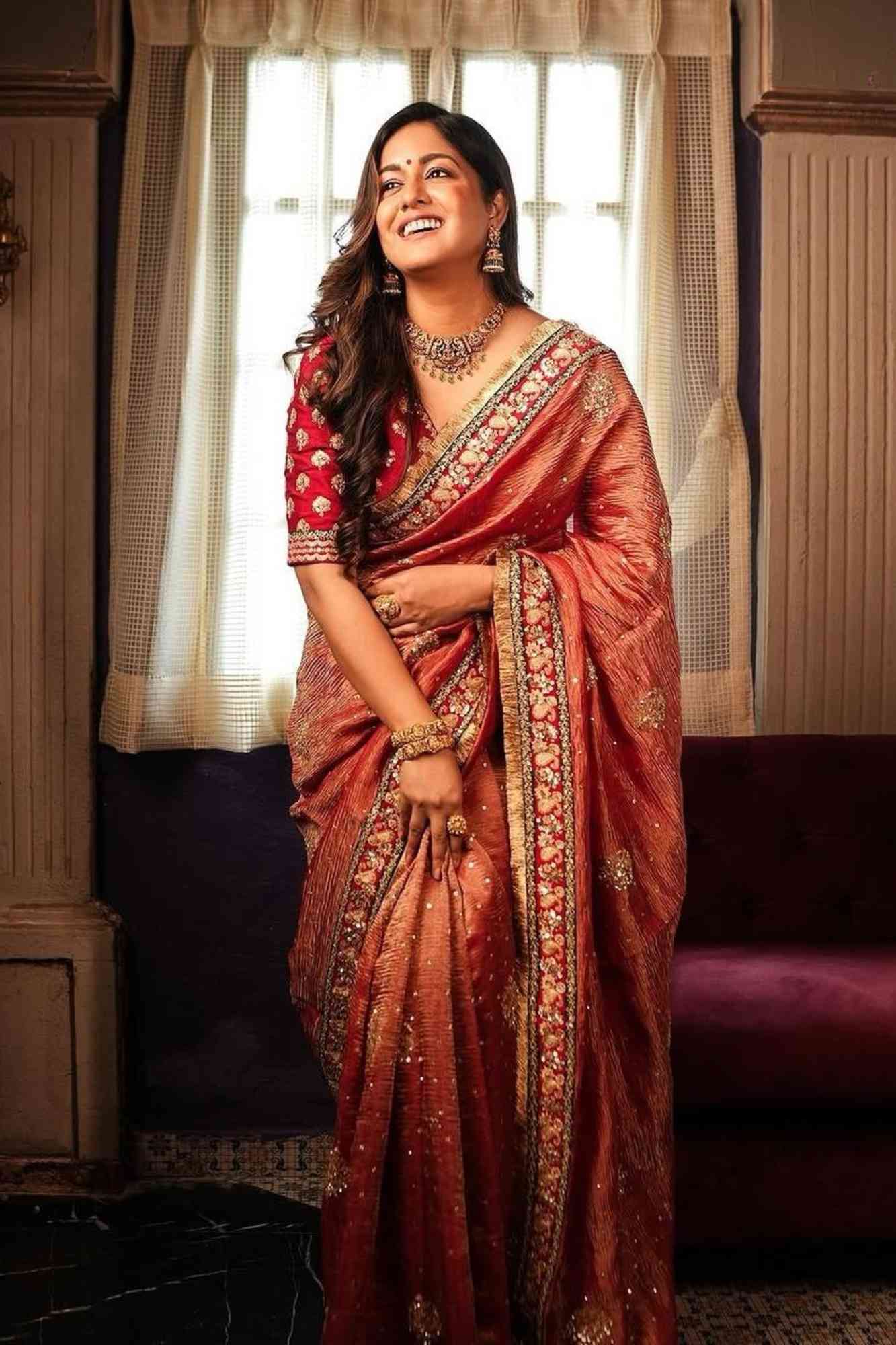 Ishita Dutta Inspired Beautiful Banarasi Crush with Sequins , Cording Embroidery & Fancy Luxe Lace Border Wrap in 1 Minute Saree