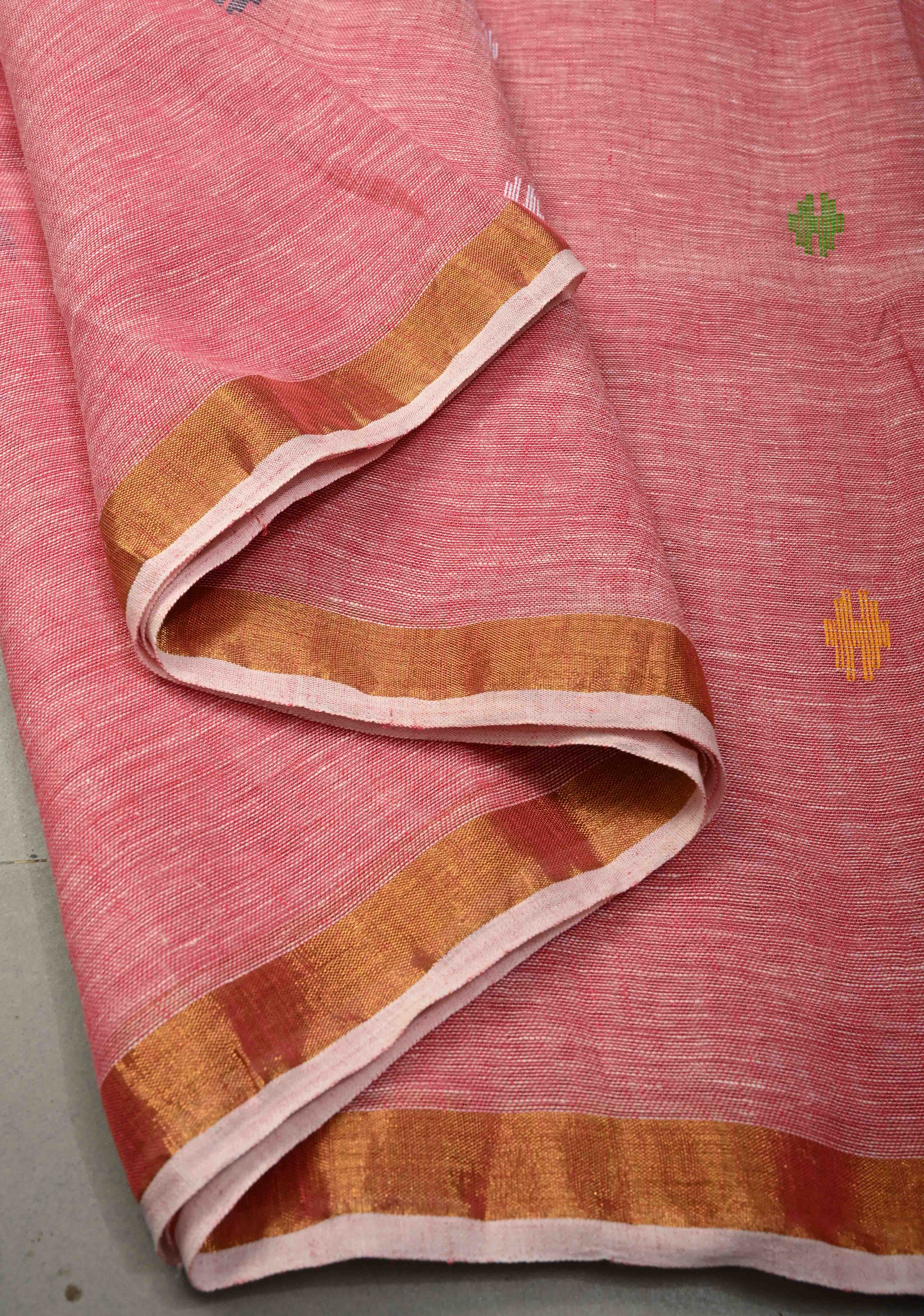 Lotus Pink Meenakari Buttas on Linen by Linen Saree with Paithani Pallu and Minimal Tissue Border | Shobitam