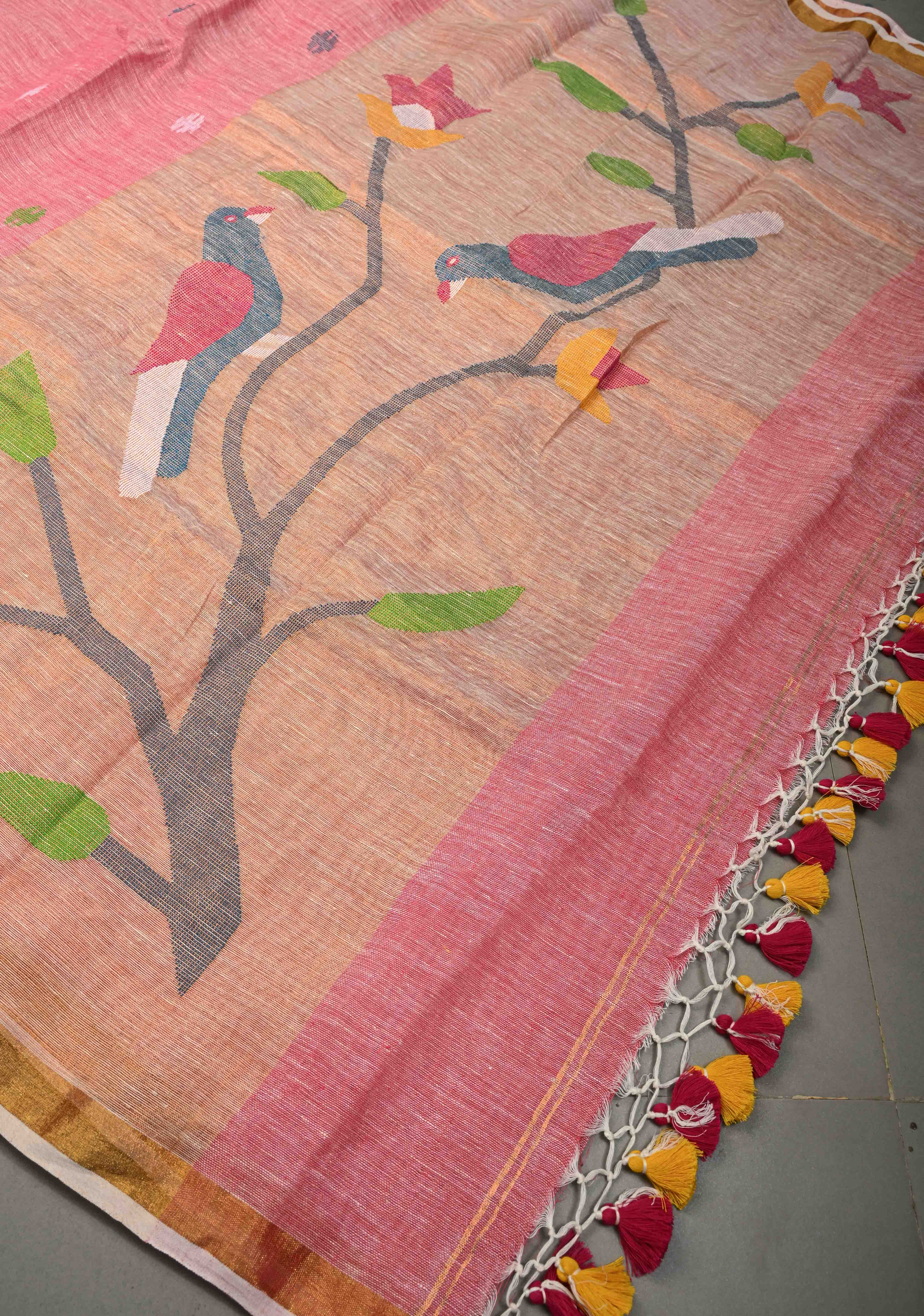 Lotus Pink Meenakari Buttas on Linen by Linen Saree with Paithani Pallu and Minimal Tissue Border | Shobitam