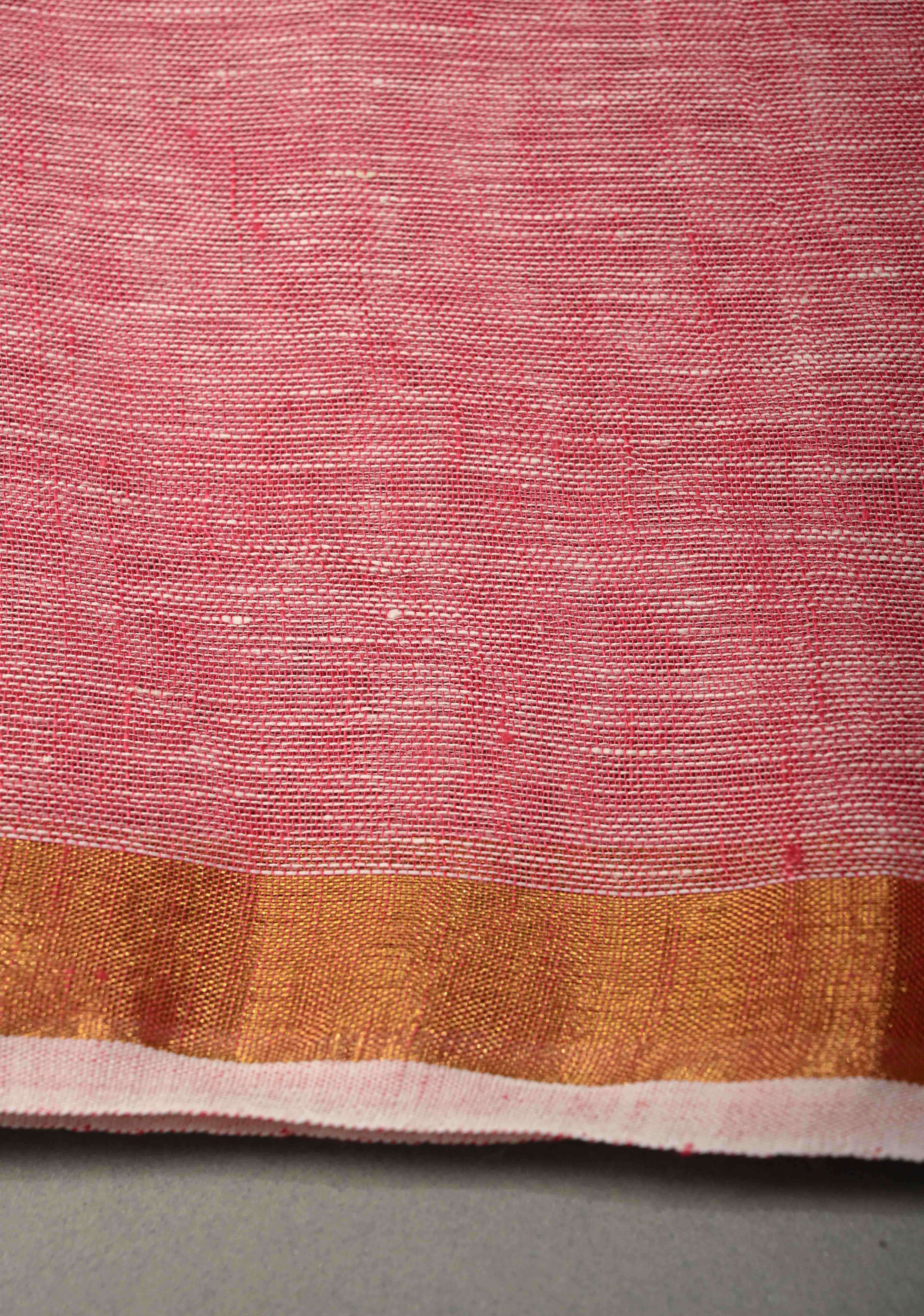 Lotus Pink Meenakari Buttas on Linen by Linen Saree with Paithani Pallu and Minimal Tissue Border | Shobitam