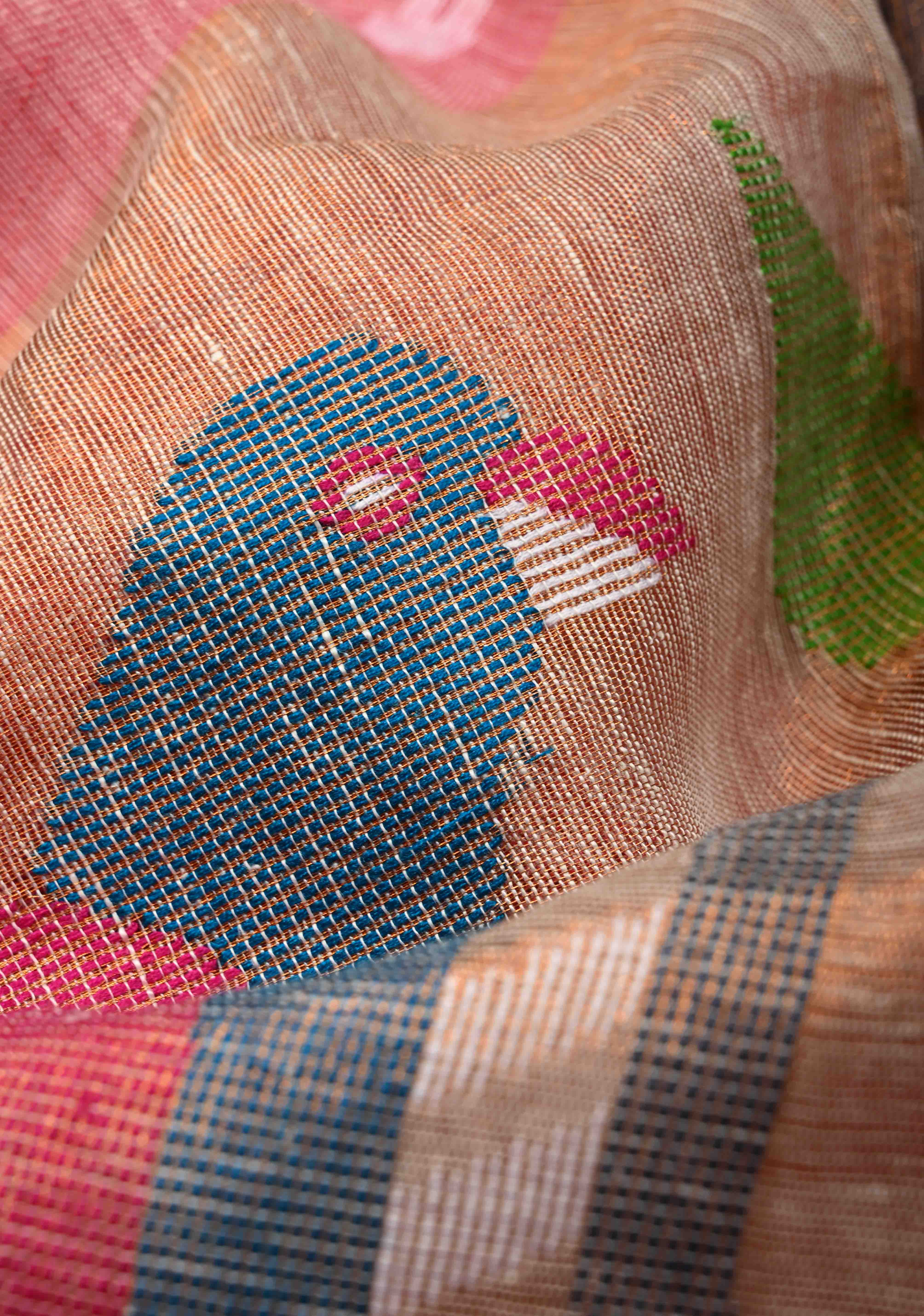 Lotus Pink Meenakari Buttas on Linen by Linen Saree with Paithani Pallu and Minimal Tissue Border | Shobitam