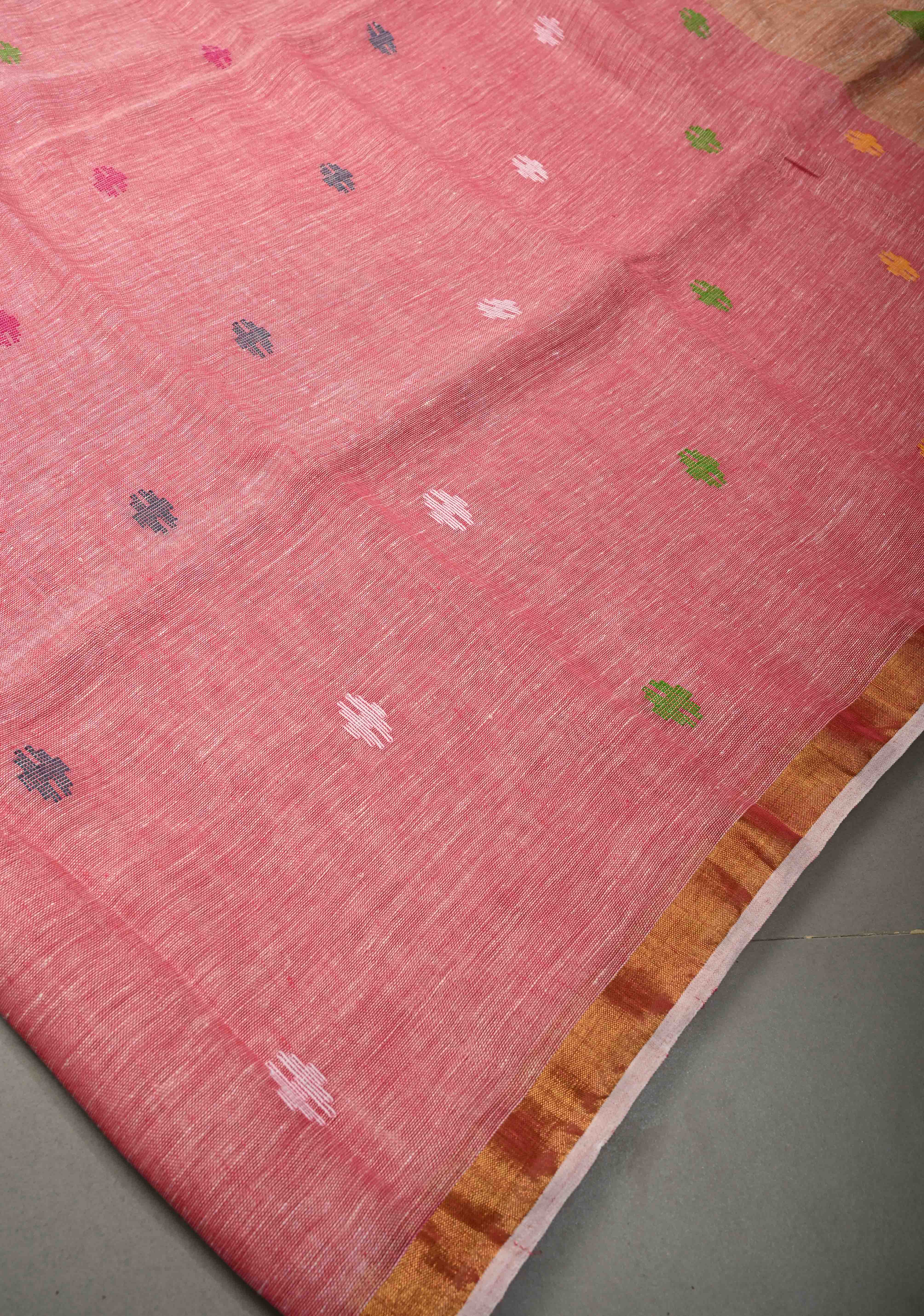 Lotus Pink Meenakari Buttas on Linen by Linen Saree with Paithani Pallu and Minimal Tissue Border | Shobitam