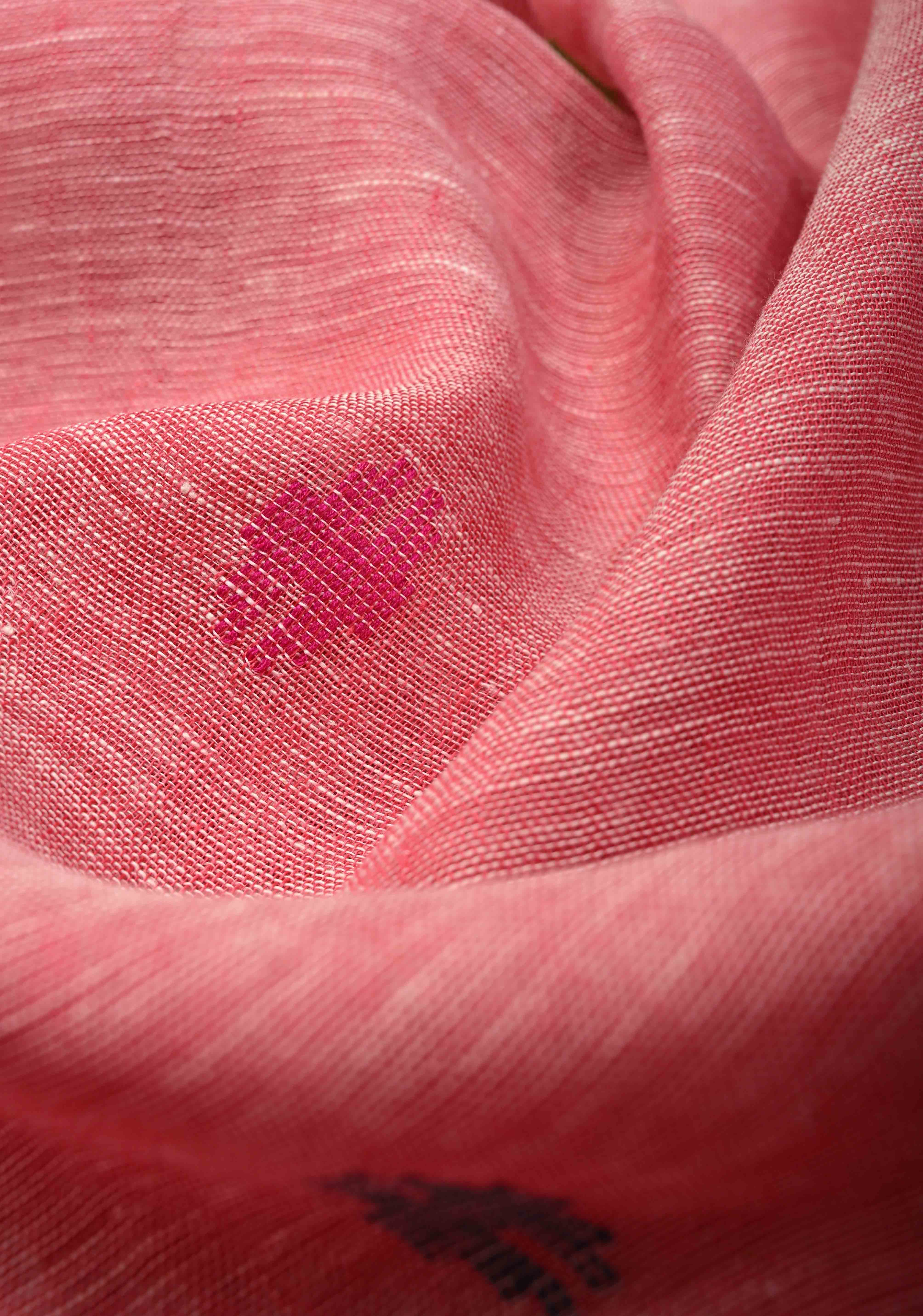 Lotus Pink Meenakari Buttas on Linen by Linen Saree with Paithani Pallu and Minimal Tissue Border | Shobitam