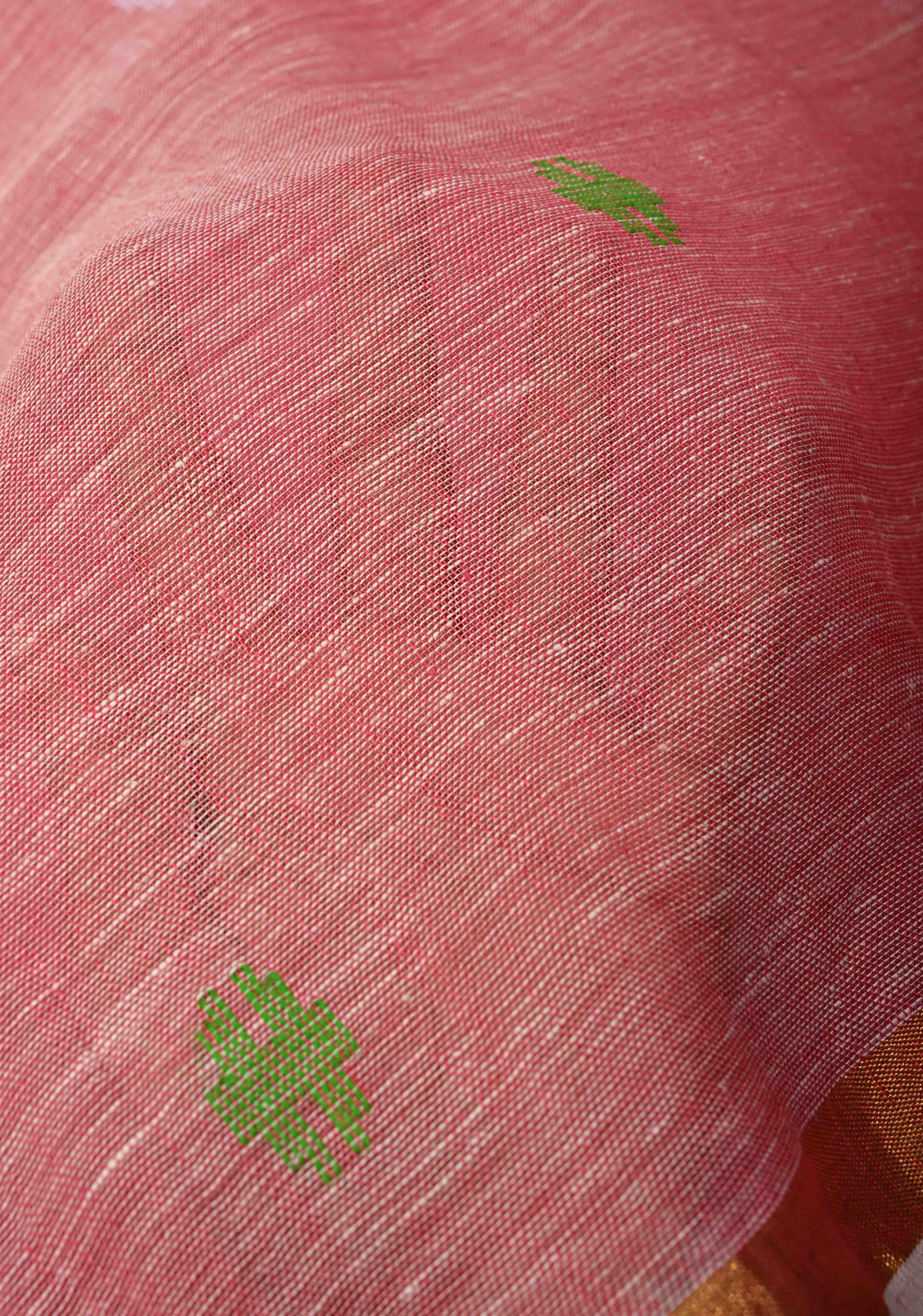 Lotus Pink Meenakari Buttas on Linen by Linen Saree with Paithani Pallu and Minimal Tissue Border | Shobitam