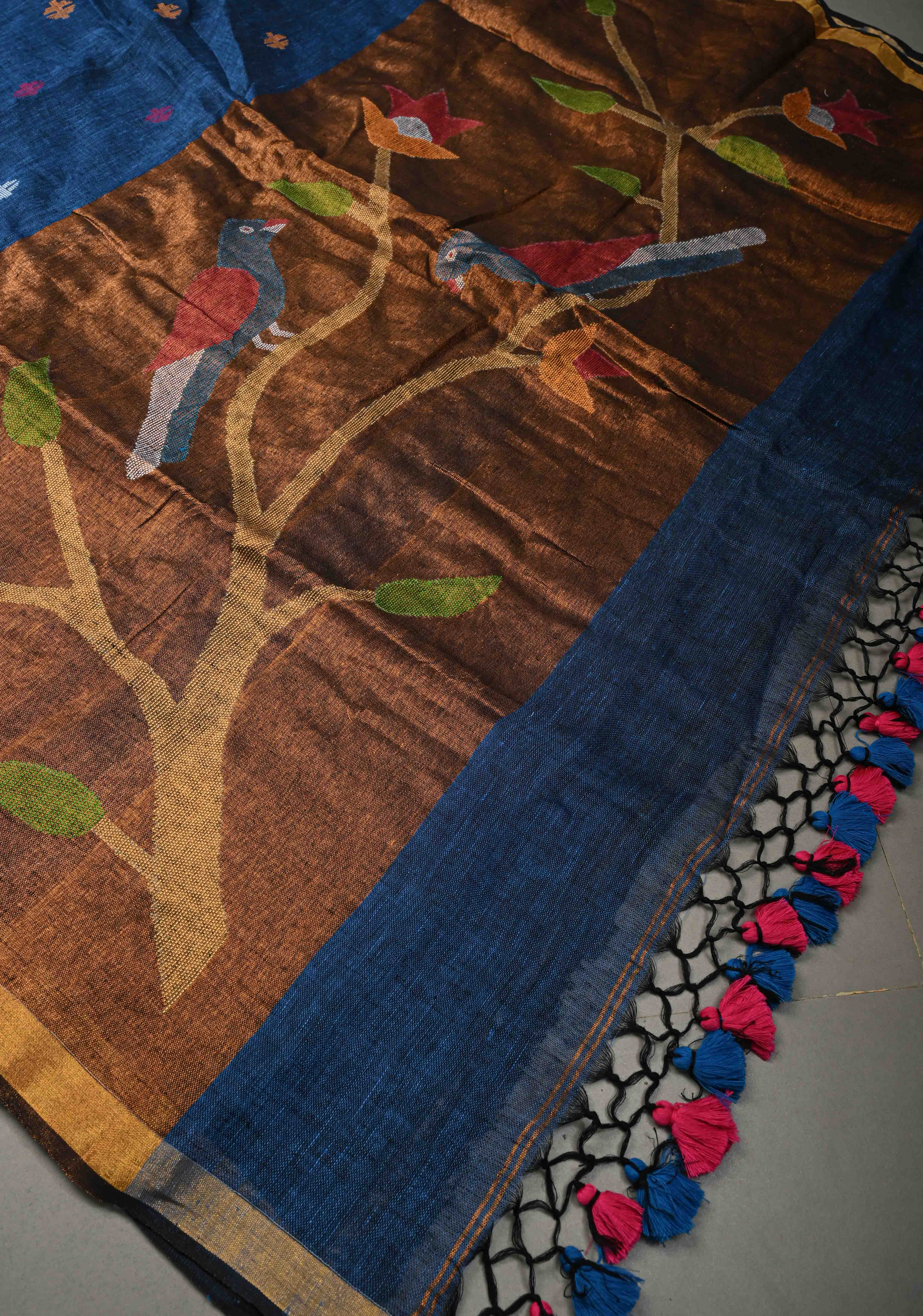Deep indigo blue  Meenakari Thread Buttas on Sagarika Linen Saree with Paithani Pallu and Minimal Tissue Border | Shobitam